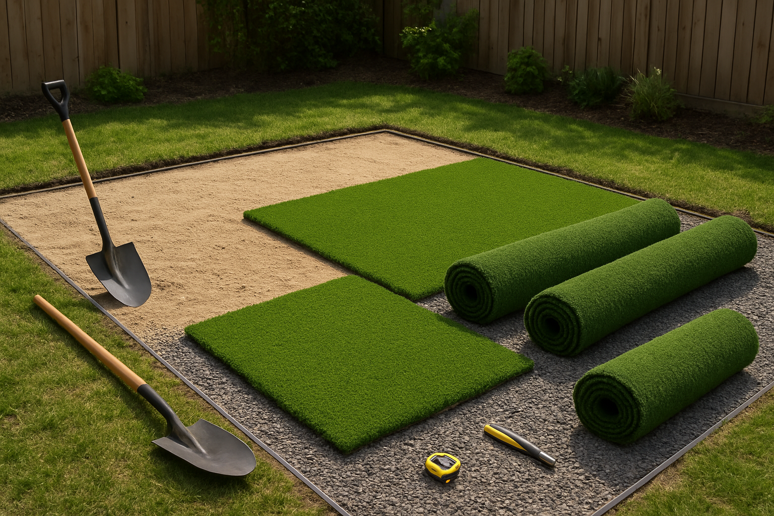 Create a realistic image of a backyard scene showing the step-by-step installation of artificial grass for a dog potty area, featuring installation tools like a shovel, rake, measuring tape, utility knife, and rolls of artificial turf laid out on prepared ground with gravel base material visible, sandbox sand spread evenly, and partially installed synthetic grass sections with clean edges, set in a residential backyard with natural lighting and a fence in the background, absolutely NO text should be in the scene.