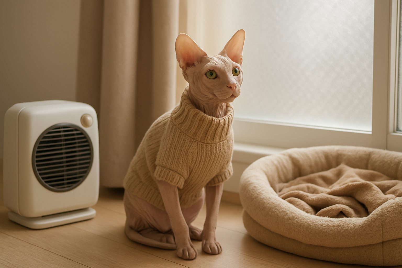 Create a realistic image of a hairless Sphynx cat wearing a small protective sweater sitting indoors near a window with soft natural lighting, alongside climate control items like a small space heater, UV-protective window film, and a cozy cat bed with blankets, showing a comfortable indoor environment designed for hairless cat protection, with warm neutral tones and a caring atmosphere. Absolutely NO text should be in the scene.