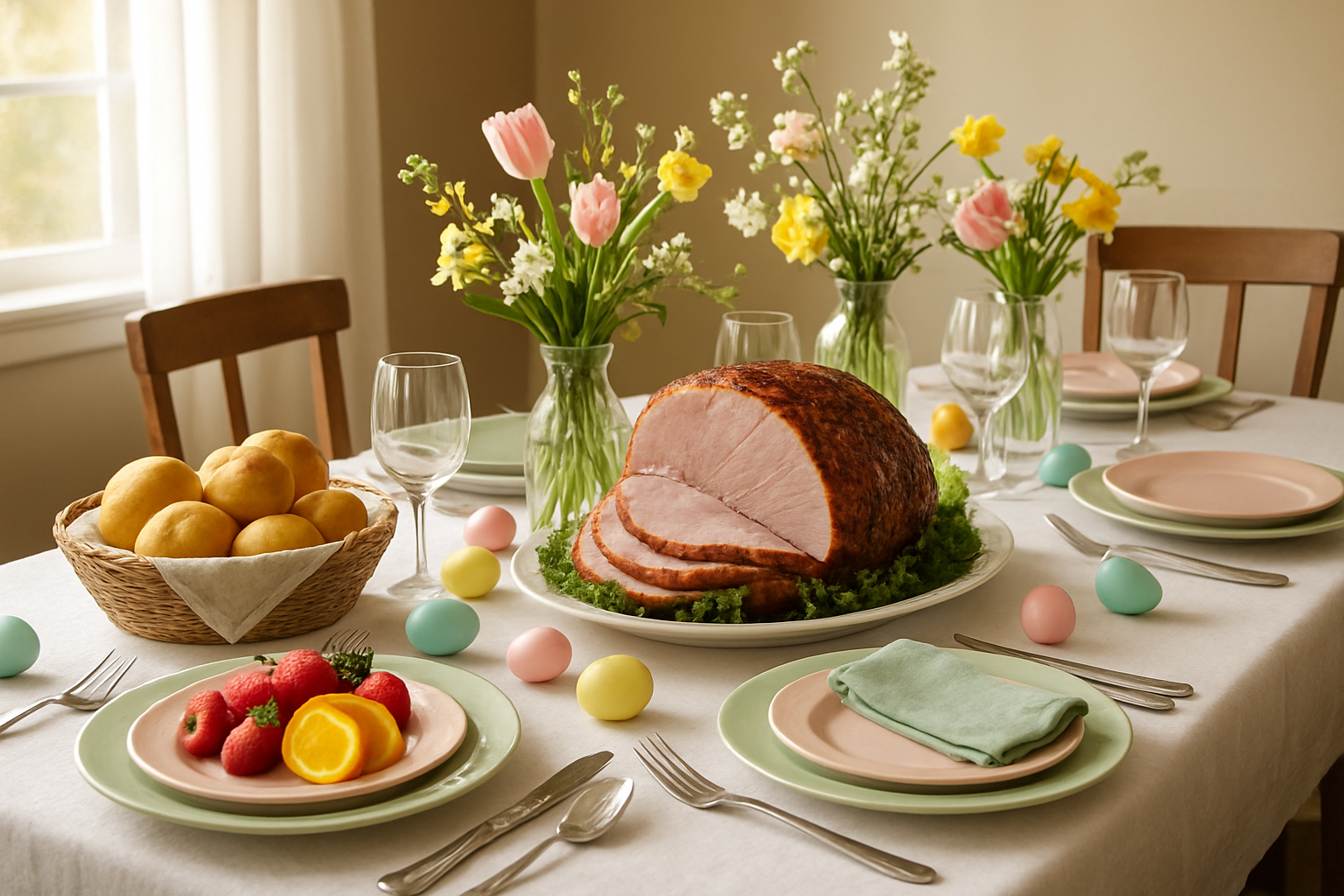 Create a realistic image of an elegant Easter brunch and dinner table setting featuring a beautifully decorated dining table with white tablecloth, pastel-colored place settings, fresh spring flowers in vases, glazed ham as centerpiece, colorful Easter eggs scattered around, fresh fruits, dinner rolls in baskets, wine glasses, fine dining utensils, soft natural lighting from nearby windows, warm and inviting atmosphere with spring colors of pink, yellow, and green accents, absolutely NO text should be in the scene.