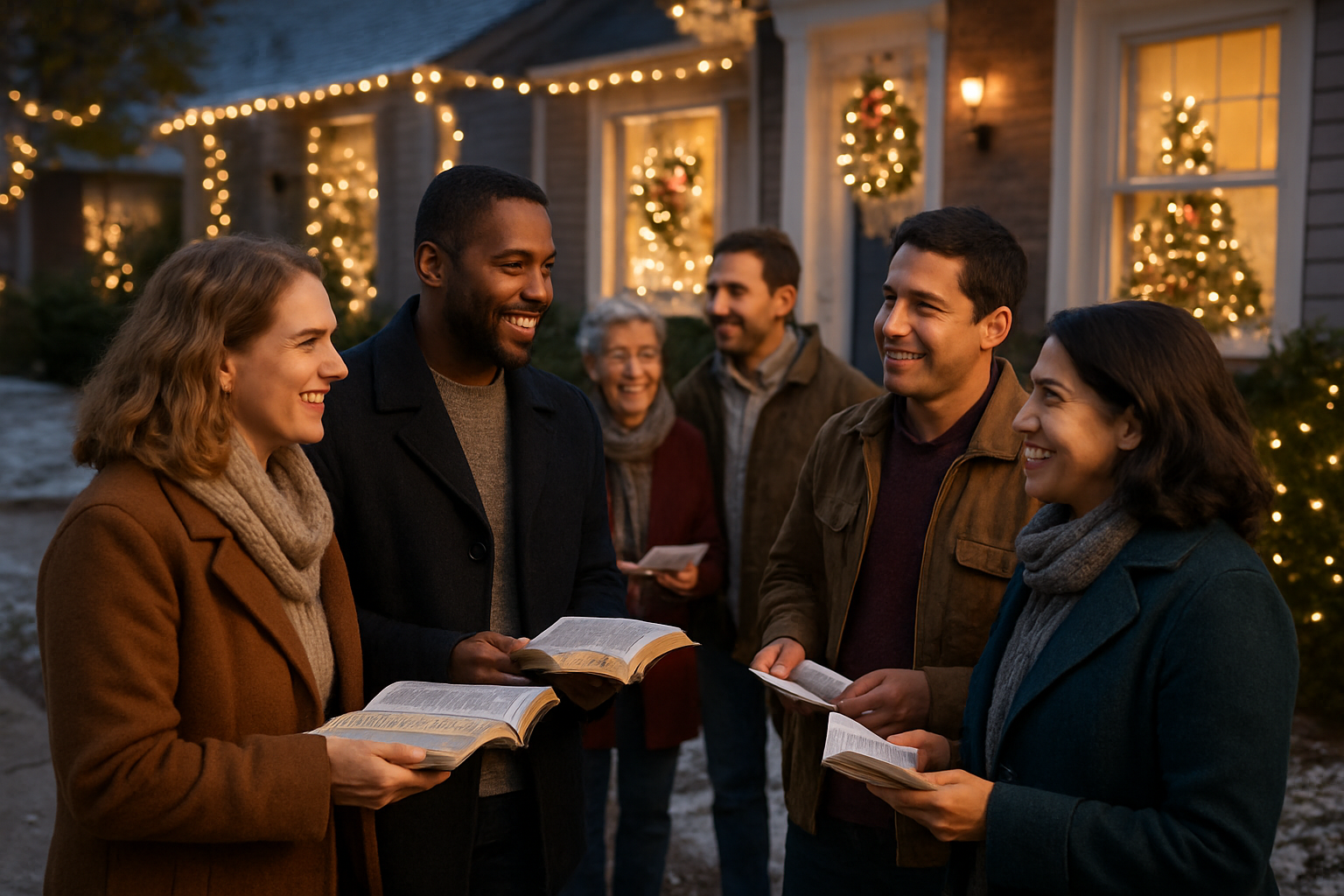 Create a realistic image of a diverse group of Christians including a white female, black male, and Hispanic male standing outdoors in a festive neighborhood decorated with Christmas lights and wreaths, holding open Bibles and pamphlets while engaging in warm conversation with neighbors of various backgrounds, with Christmas trees visible in house windows, gentle evening lighting creating a welcoming atmosphere, snow lightly dusting the sidewalks, and the scene conveying joy and community connection during the holiday season. Absolutely NO text should be in the scene.