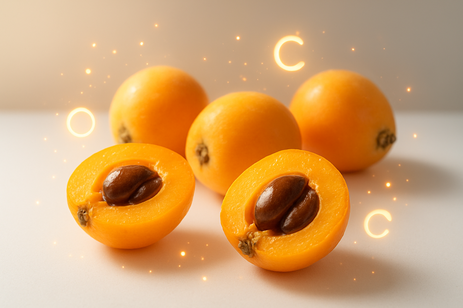 Create a realistic image of fresh loquat fruits cut in half and whole displayed on a clean white surface, with vibrant orange-yellow flesh visible, surrounded by scattered vitamins and minerals symbols like vitamin C, fiber, and antioxidants represented as subtle glowing particles around the fruits, soft natural lighting highlighting the juicy texture and nutritional richness, clean minimalist background with warm golden tones suggesting health and vitality, absolutely NO text should be in the scene.