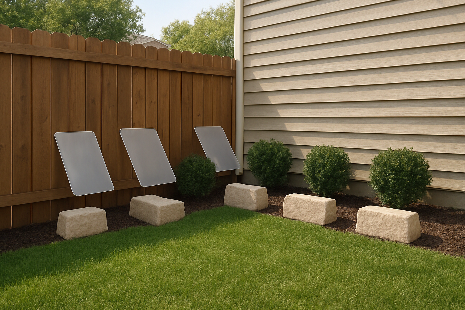 Create a realistic image of a backyard scene showing various urine deflectors and barriers strategically positioned along a wooden fence and house wall, including angled plastic shields, decorative stone barriers, and small planted hedges placed at dog height, with a well-maintained grass lawn, natural daylight, and a suburban residential setting. Absolutely NO text should be in the scene.