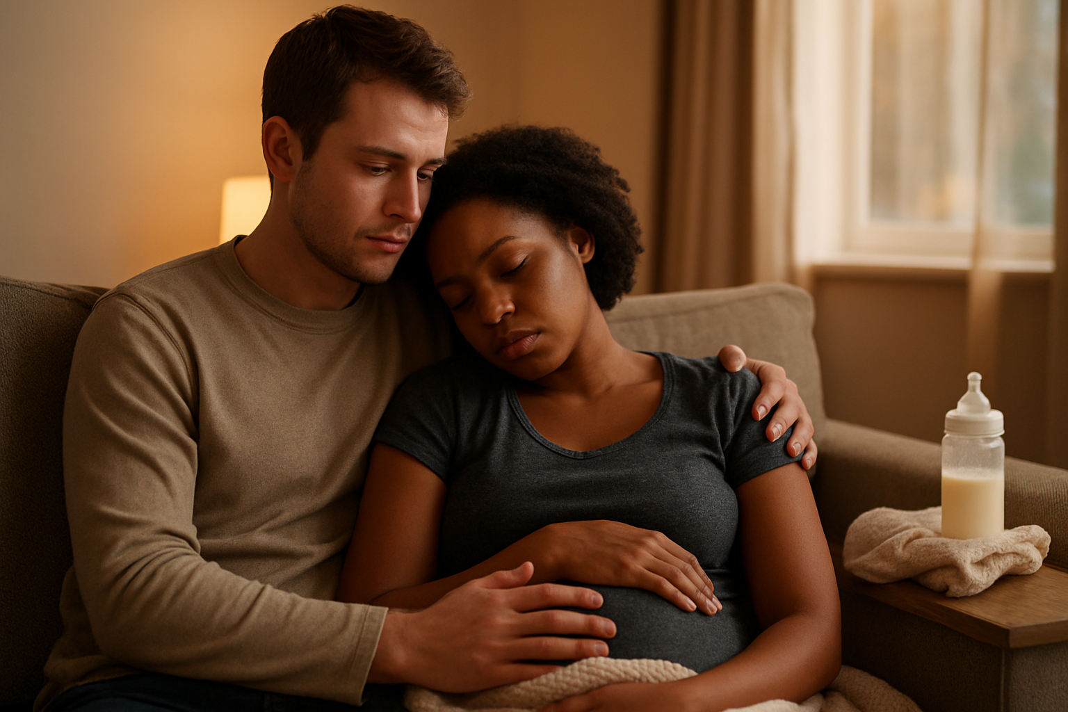 Create a realistic image of a white male partner gently supporting a black female who appears tired, sitting together on a comfortable couch in a softly lit living room with warm evening lighting, the man has his arm around her shoulder in a caring gesture while she rests against him, baby items like a blanket and bottle visible nearby on a side table, creating an intimate and supportive atmosphere that conveys partnership and care during early parenthood, with soft natural lighting from a nearby window, absolutely NO text should be in the scene.