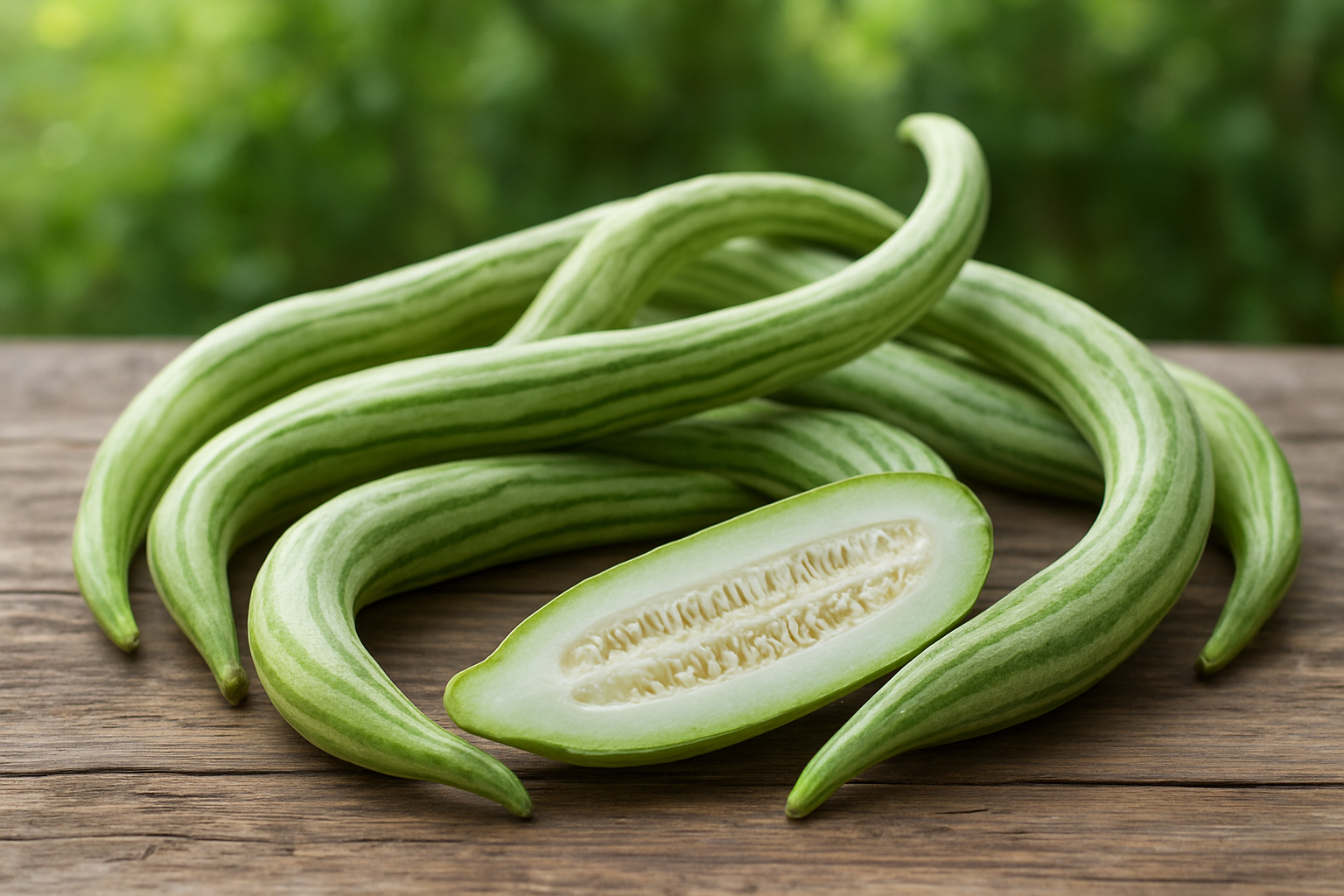 Create a realistic image of fresh snake melons displayed on a rustic wooden surface, showing their distinctive long, curved, pale green striped appearance with one melon cut in half to reveal the white flesh and seed cavity inside, surrounded by whole snake melons of varying sizes, with soft natural lighting creating gentle shadows, and a clean blurred garden background with green foliage, absolutely NO text should be in the scene.