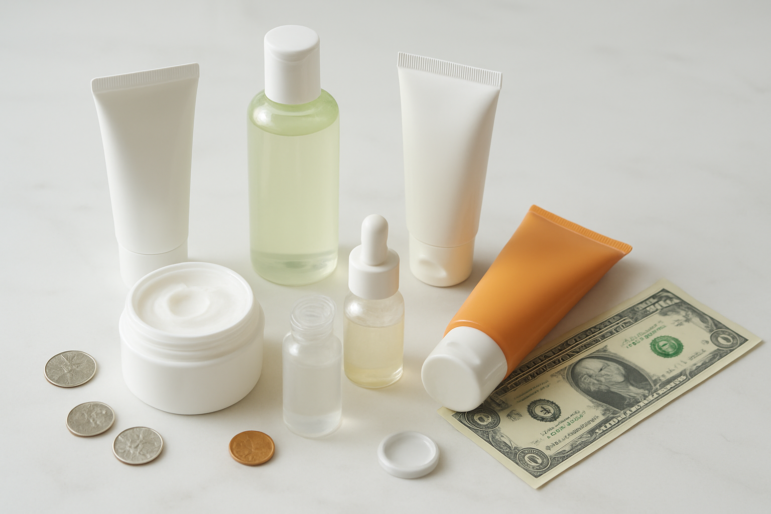 Create a realistic image of an array of affordable skincare products arranged on a clean white marble surface, including drugstore moisturizers, cleansers, serums, and sunscreens with simple packaging, some products have their caps off showing the product inside, scattered around are a few coins and dollar bills to emphasize affordability, soft natural lighting from above creates gentle shadows, the background is minimalist and bright, creating a fresh and accessible mood that conveys quality skincare doesn't have to be expensive, absolutely NO text should be in the scene.