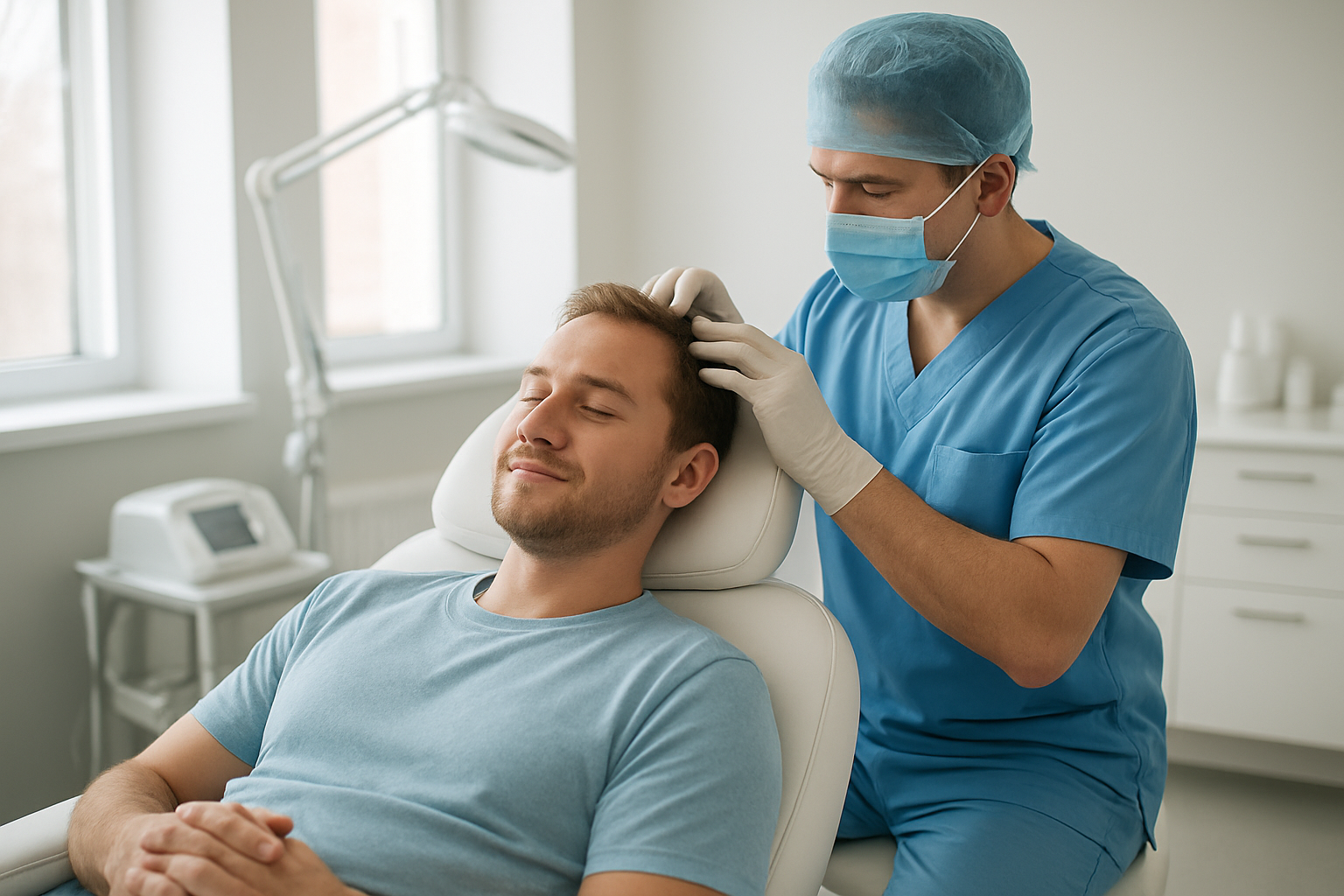 Create a realistic image of a white male patient lying comfortably on a medical examination chair in a modern hair restoration clinic, with a calm and reassuring expression, while a medical professional in scrubs examines his scalp area, surrounded by clean medical equipment and soft natural lighting from large windows, with a peaceful and professional medical environment atmosphere, showing the recovery process with minimal visible discomfort, absolutely NO text should be in the scene.