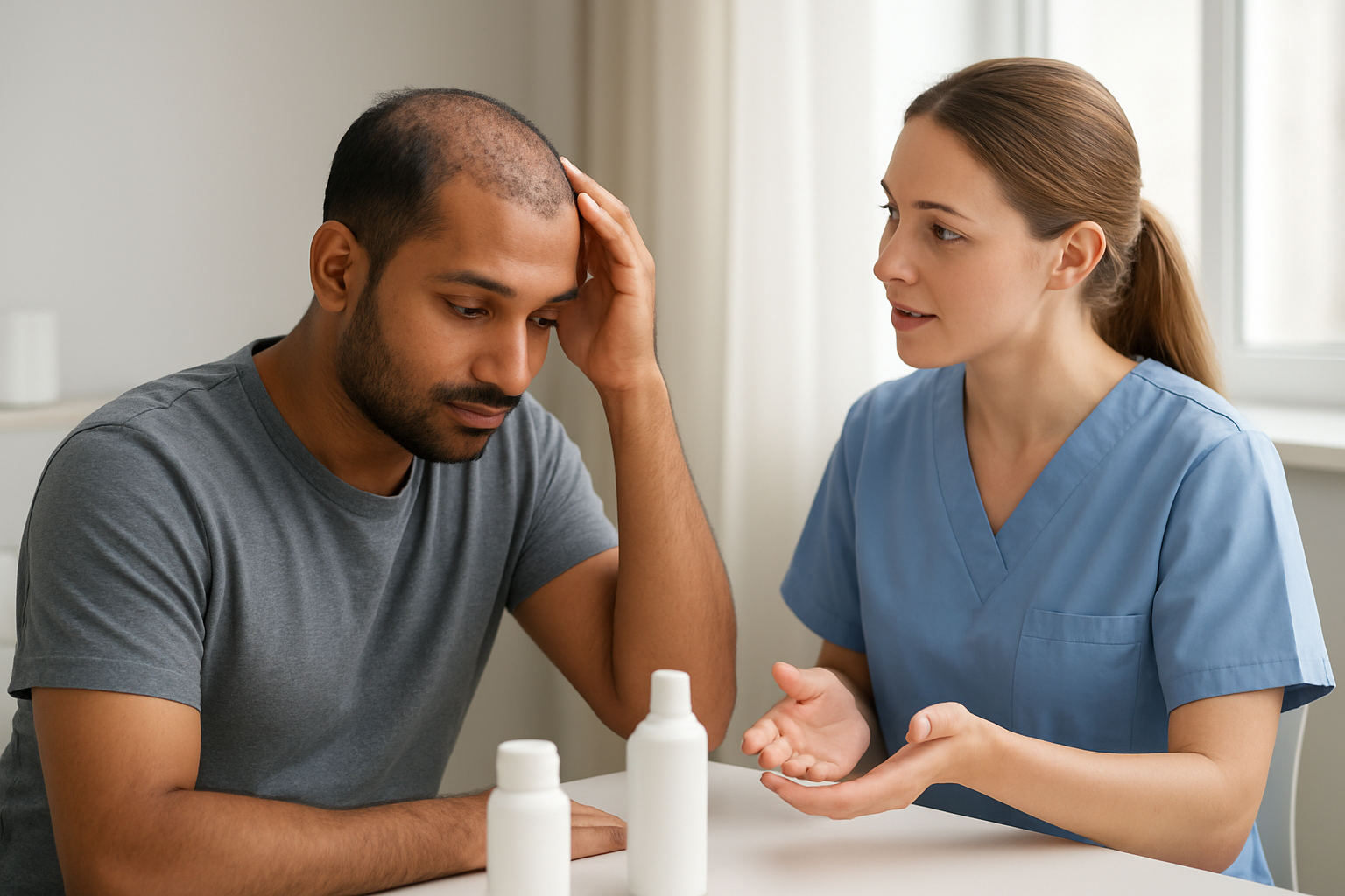 Create a realistic image of a South Asian male patient in his 30s sitting in a modern medical consultation room, gently touching his scalp area where hair transplant has been performed, with visible small scabs and healing follicles on his head, while a white female healthcare professional in medical scrubs explains post-care instructions, medical care products like specialized shampoos and medications are placed on a clean white table nearby, soft natural lighting from a window creates a calm and professional medical environment, the scene conveys careful recovery and proper medical guidance, absolutely NO text should be in the scene.