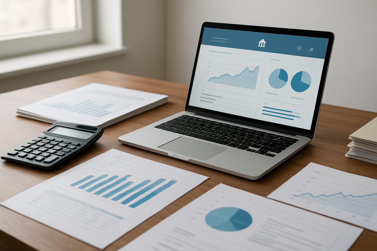 Create a realistic image of a modern desk scene with financial documents, calculator, and laptop computer displaying banking interface, surrounded by organized paperwork with charts and graphs showing interest rates and account comparisons, clean office environment with natural lighting from window, professional atmosphere with wooden desk surface and minimalist background, absolutely NO text should be in the scene.