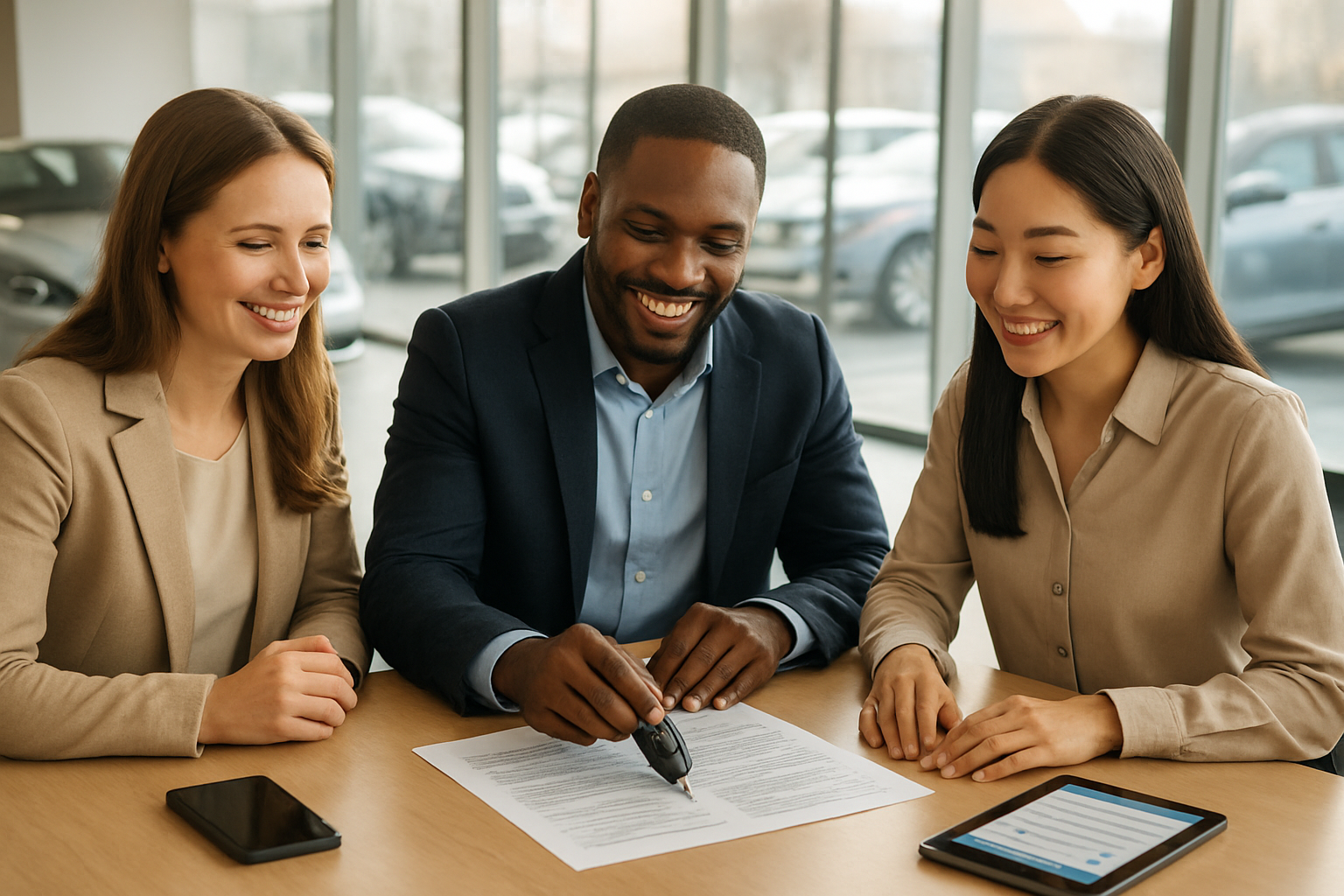 Create a realistic image of a diverse group of three people - a white female, a black male, and an Asian female - sitting around a modern conference table reviewing insurance documents and car keys, with multiple cars visible through large windows in the background, smartphones and tablets displaying insurance apps on the table, warm natural lighting creating a professional yet welcoming atmosphere, conveying confidence and satisfaction after making informed insurance decisions, absolutely NO text should be in the scene.