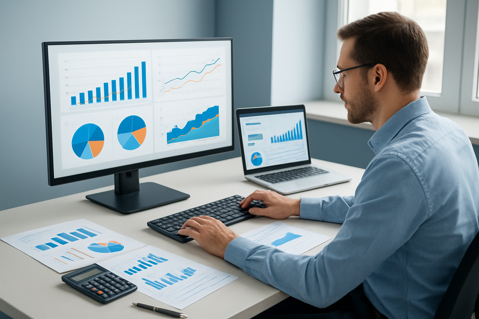 Create a realistic image of a modern office workspace with a large computer monitor displaying colorful analytics dashboards and performance charts with upward trending graphs, a sleek laptop showing Facebook advertising metrics and data visualization, a white male professional in business casual attire analyzing the data on screen, scattered marketing reports and performance documents on a clean desk, a calculator and pen nearby, bright natural lighting from a window, professional corporate atmosphere with blue and white color scheme reflecting Facebook's branding, absolutely NO text should be in the scene.
