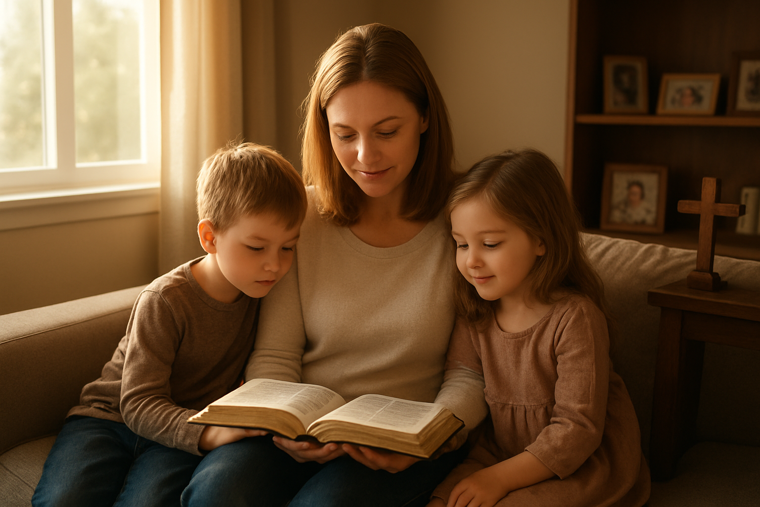 Create a realistic image of a peaceful home scene with a white mother sitting on a comfortable couch reading an open Bible with her two young children, a boy and a girl, gathered close beside her in warm afternoon sunlight streaming through a large window, with soft natural lighting creating a serene atmosphere, a wooden cross visible on a side table, and family photos on nearby shelves, conveying warmth, love, and spiritual connection in a cozy living room setting with earth-tone colors and gentle shadows, absolutely NO text should be in the scene.