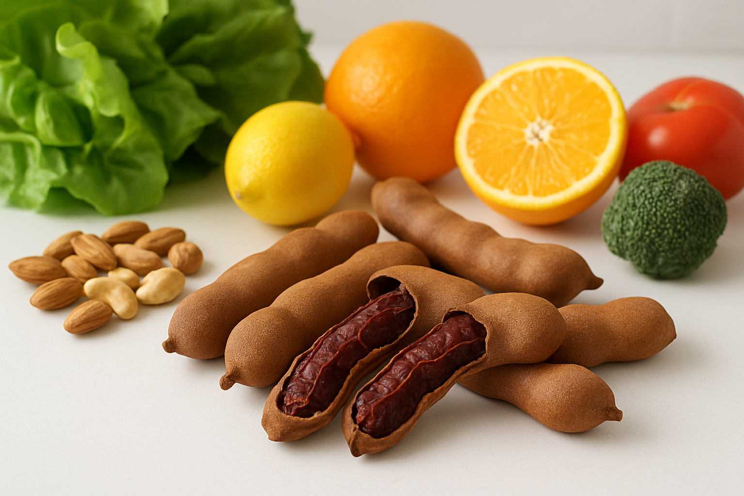 Create a realistic image of fresh tamarind pods and pulp arranged on a clean white surface alongside colorful fresh fruits and vegetables like leafy greens, citrus fruits, and nuts, with a soft natural lighting setup that highlights the rich brown color of the tamarind pods, some pods cracked open to show the sticky brown pulp inside, creating a healthy and nutritious food composition that emphasizes natural wellness and dietary benefits, shot from a slightly elevated angle with a clean modern kitchen or neutral background, absolutely NO text should be in the scene.