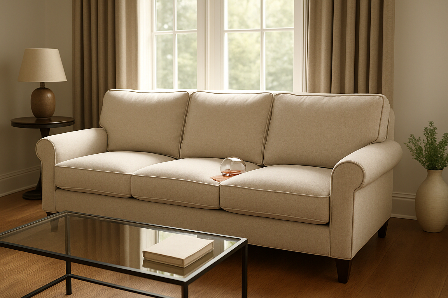 Create a realistic image of a luxurious living room showcasing a pristine American-style sofa in elegant fabric with perfectly coordinated curtains in matching colors, featuring a modern coffee table with a glass of spilled liquid that shows no stains on the sofa fabric, demonstrating stain resistance, with soft natural lighting streaming through large windows, warm and inviting atmosphere, clean and sophisticated interior design with neutral tones, polished wooden floors, and decorative elements that emphasize comfort and quality, absolutely NO text should be in the scene.