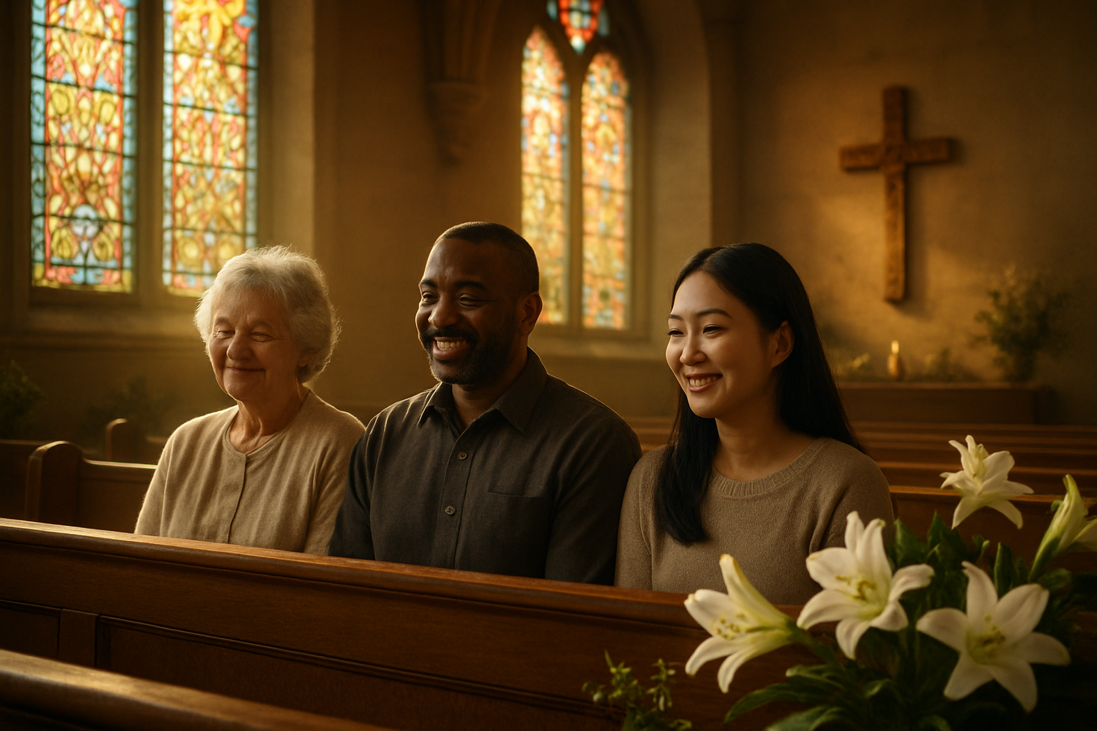 Create a realistic image of a peaceful church interior with warm golden sunlight streaming through stained glass windows, featuring a diverse group including a white elderly woman, a black middle-aged man, and an Asian young female sitting together in wooden pews with gentle smiles, surrounded by Easter lilies and subtle spring decorations, with an ornate wooden cross visible in the background bathed in soft morning light, conveying a sense of community, reflection, and spiritual fulfillment. Absolutely NO text should be in the scene.