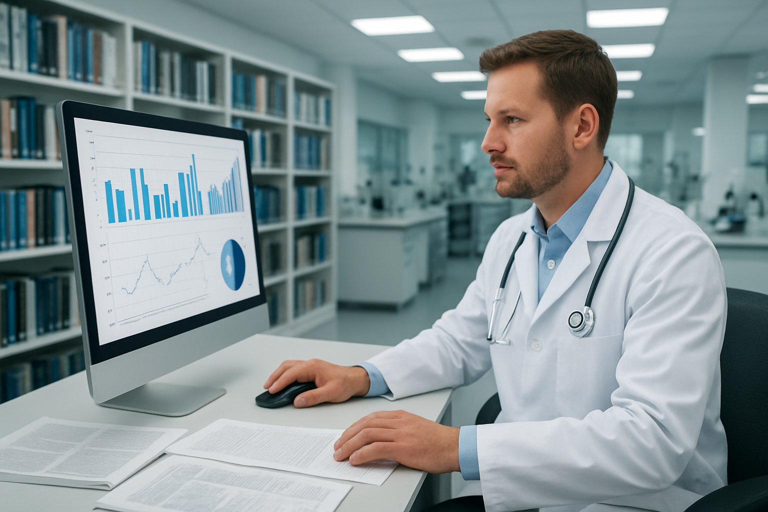 Create a realistic image of a modern medical research facility with a white male doctor in a lab coat reviewing clinical data charts and graphs on a computer screen, surrounded by medical journals and research papers on a clean desk, with shelves of medical reference books in the background, bright fluorescent lighting creating a professional clinical atmosphere, and laboratory equipment visible in the distance, conveying scientific credibility and medical expertise. Absolutely NO text should be in the scene.