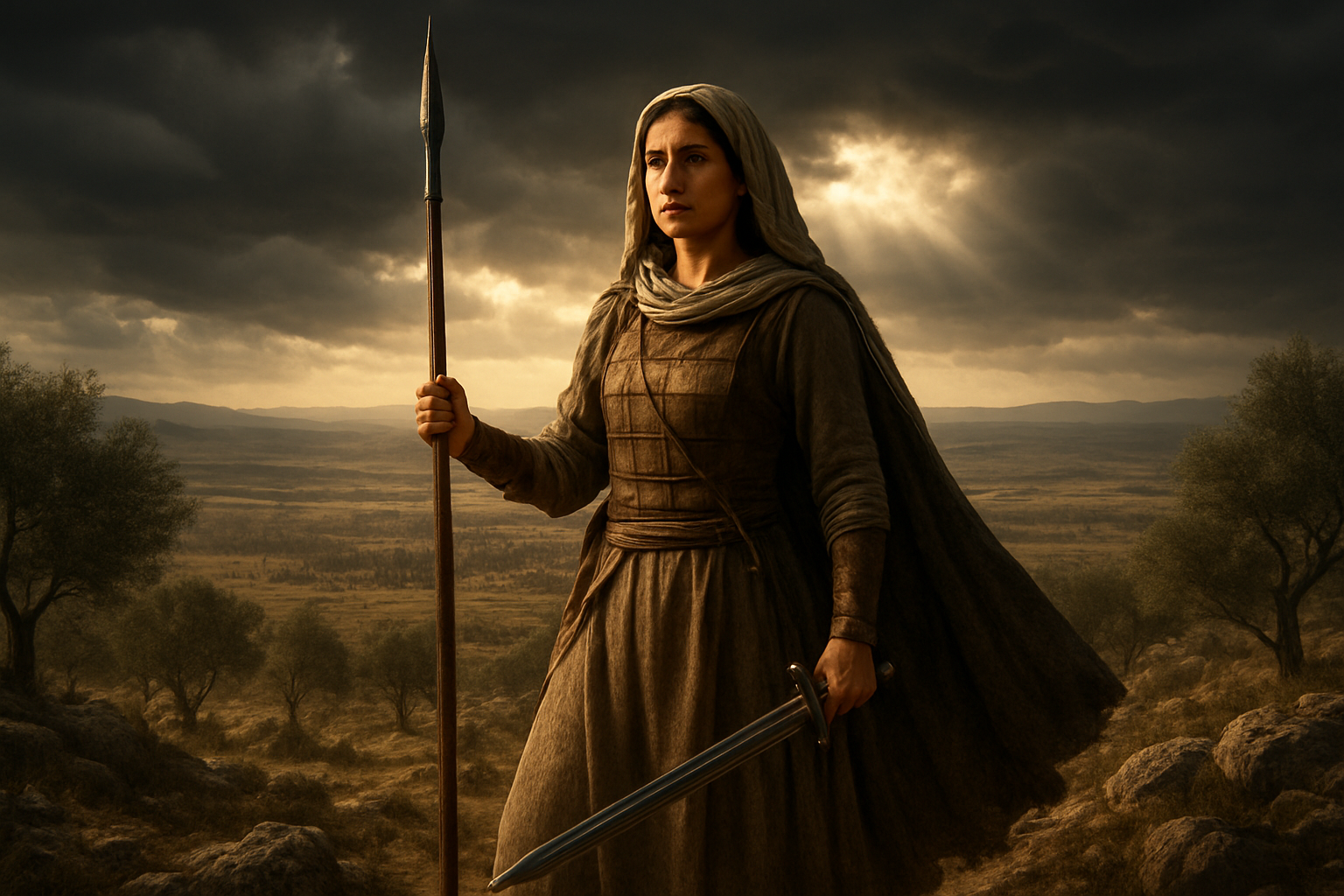 Create a realistic image of a determined middle-eastern female warrior standing confidently on a hilltop overlooking a vast battlefield with enemy armies in the distance, wearing ancient biblical-era clothing and armor, holding a spear or sword, with storm clouds gathering overhead but rays of sunlight breaking through illuminating her figure, rocky terrain and olive trees in the foreground, conveying strength and divine courage in the face of overwhelming odds, dramatic lighting with golden hour ambiance, absolutely NO text should be in the scene.