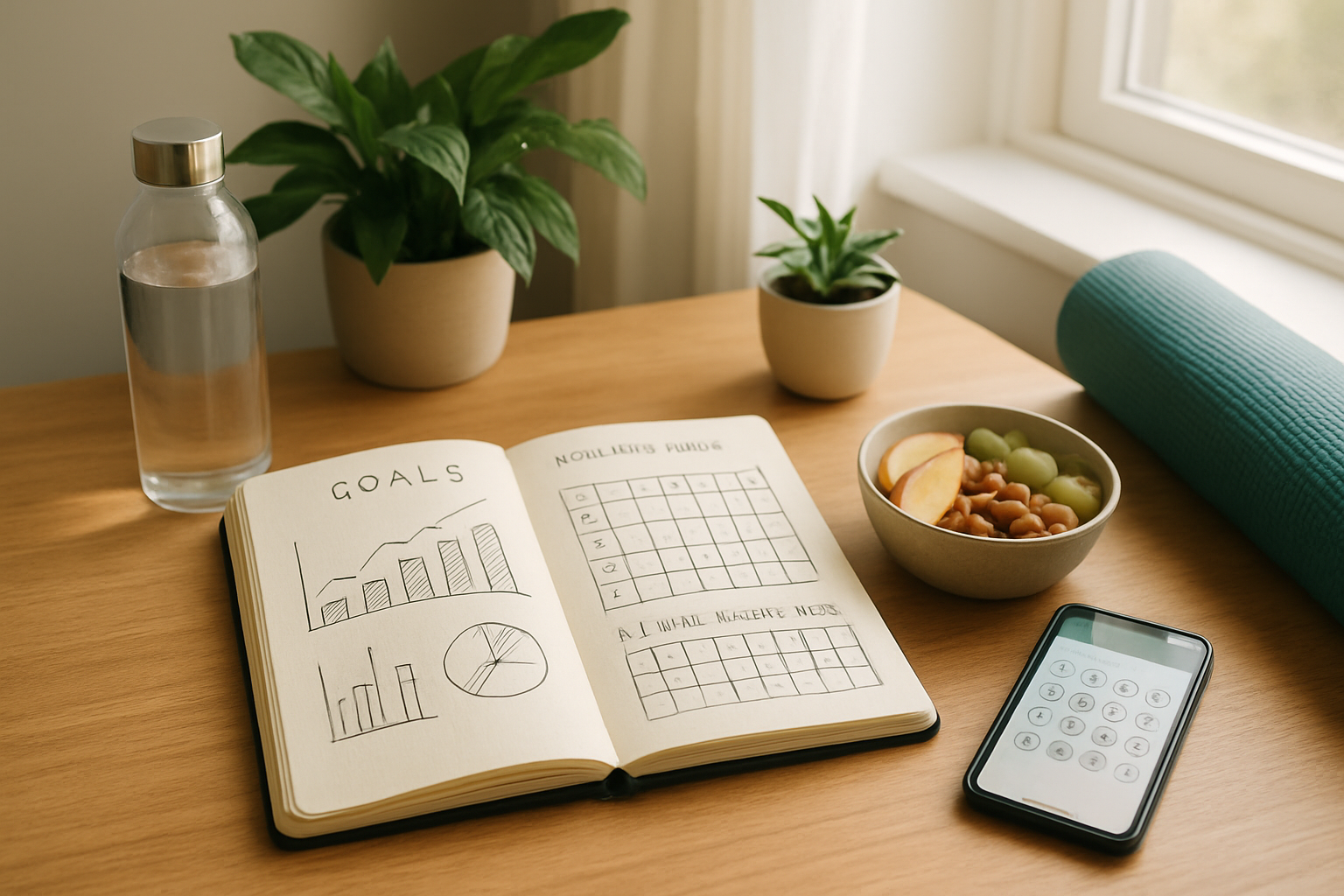 Create a realistic image of a serene workspace featuring a wooden desk with an open journal displaying hand-drawn goal charts and wellness tracking templates, surrounded by wellness elements including a water bottle, fresh green plants, yoga mat rolled in the corner, healthy snacks in a bowl, and a smartphone showing a habit-tracking app, with soft natural lighting streaming through a window creating a peaceful and organized atmosphere that conveys achievement and personal growth, absolutely NO text should be in the scene.