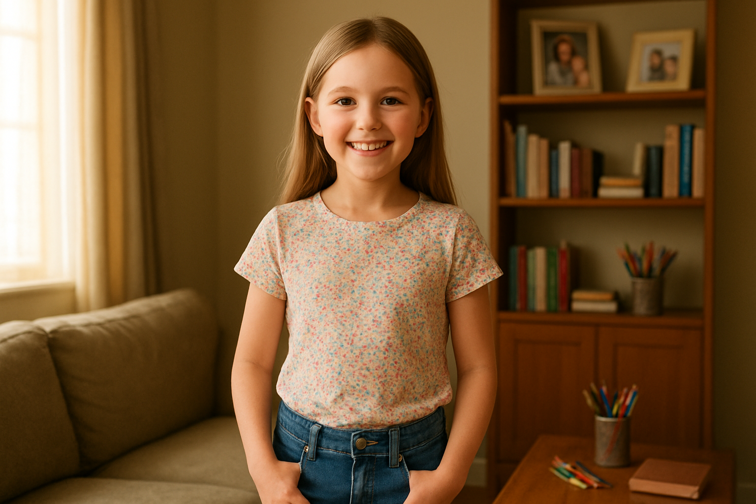 Create a realistic image of a young white girl around 8-10 years old standing confidently with her shoulders back and a bright smile, wearing casual clothes like jeans and a colorful t-shirt, positioned in a warm, nurturing home environment with soft natural lighting streaming through a window, surrounded by encouraging elements like books, art supplies, and family photos on shelves in the background, capturing a sense of security, growth, and positive development in a cozy living room setting with warm earth tones and gentle shadows that convey comfort and stability. Absolutely NO text should be in the scene.