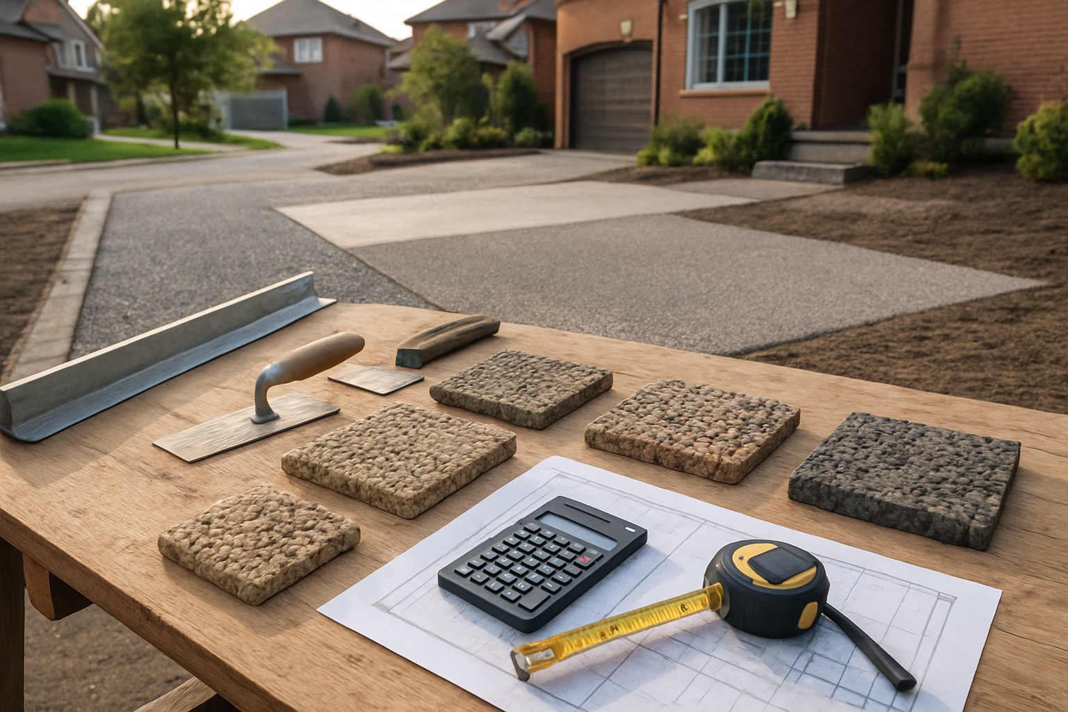 Create a realistic image of an exposed aggregate driveway construction scene in a suburban Markham neighborhood showing different cost factors including material samples of various aggregate stones, construction tools like screeds and floats, a measuring tape, a calculator, and blueprint papers spread on a wooden table, with a partially completed driveway in the background showing different textures and finishes, natural daylight lighting, professional construction atmosphere, absolutely NO text should be in the scene.