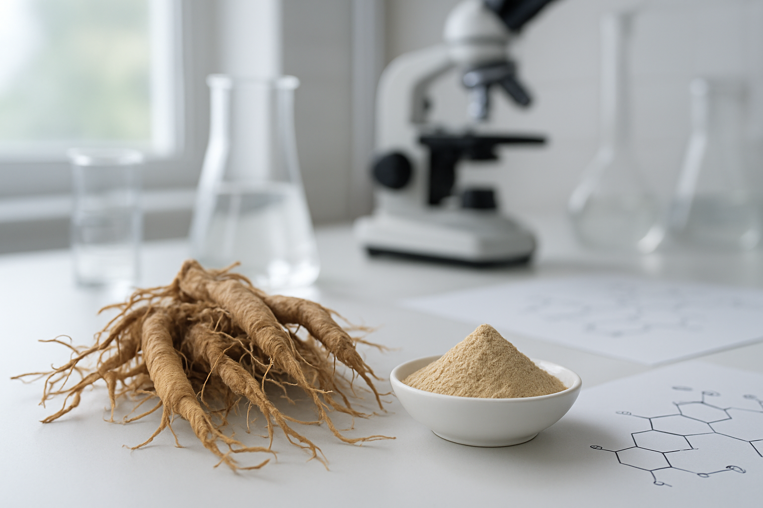 Create a realistic image of ibogaine plant roots and extracted powder on a clean laboratory table, with scientific equipment like beakers and microscopes in the background, soft natural lighting from a window, clean white and neutral tones suggesting medical research environment, molecular structure diagrams visible on nearby papers, conveying a scientific and therapeutic atmosphere, absolutely NO text should be in the scene.