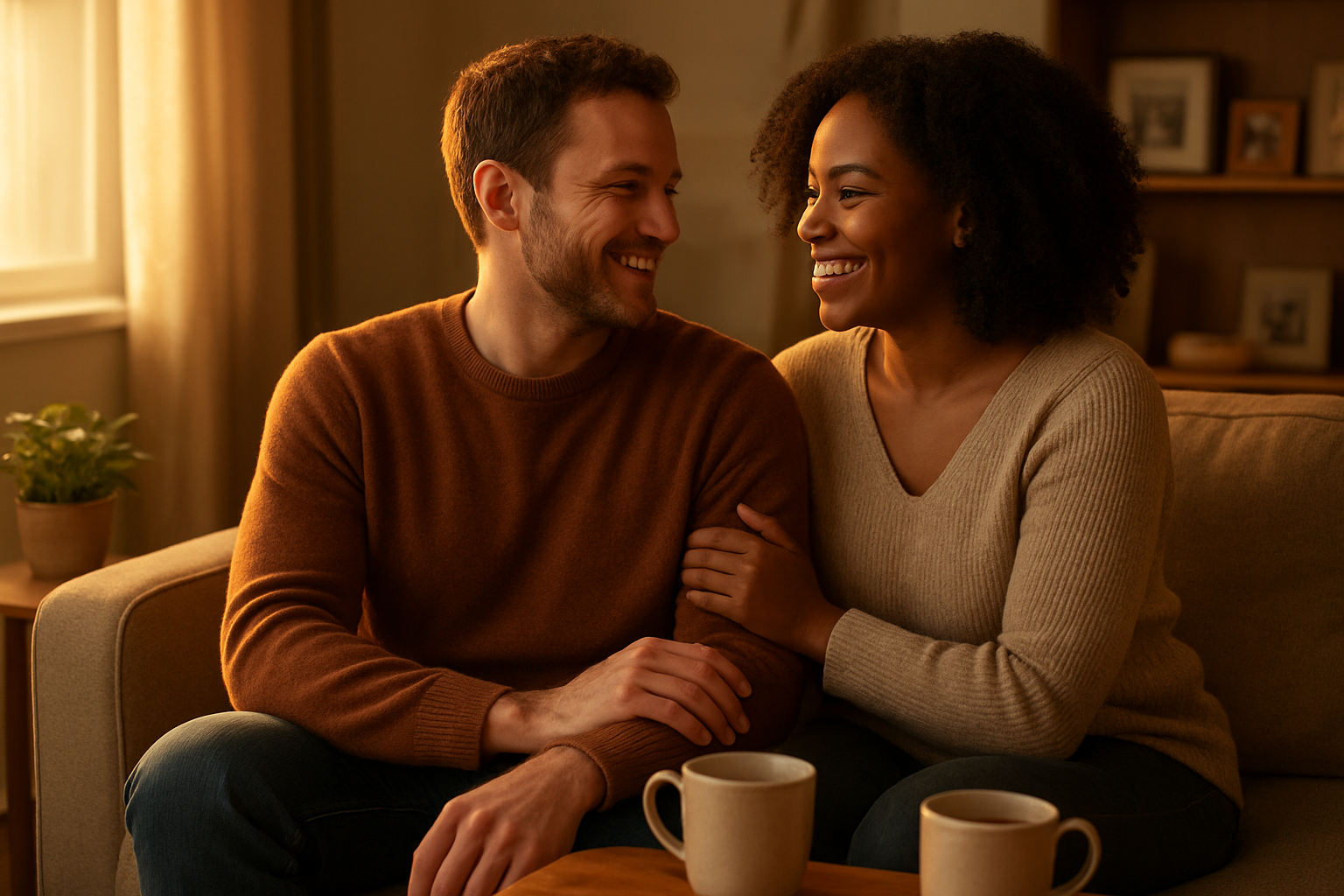 Create a realistic image of a cozy living room scene with a white male and black female couple sitting close together on a comfortable sofa, the woman gently placing her hand on the man's arm while they both smile warmly at each other, with soft golden hour lighting streaming through a nearby window, a small potted plant on a side table, two coffee cups nearby, and family photos visible on shelves in the blurred background, creating an intimate and nurturing atmosphere that conveys deep connection and everyday love, with warm earth tones throughout the scene, absolutely NO text should be in the scene.
