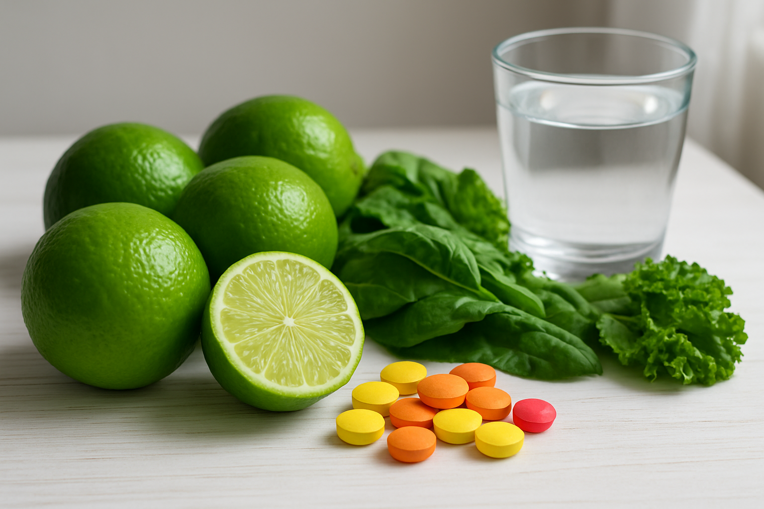 Create a realistic image of fresh green limes arranged on a clean white wooden table alongside colorful nutritional elements including vitamin C tablets, leafy green vegetables, and a glass of clear water, with soft natural lighting from a window creating gentle shadows, emphasizing the health and wellness theme with vibrant colors and fresh appearance, absolutely NO text should be in the scene.