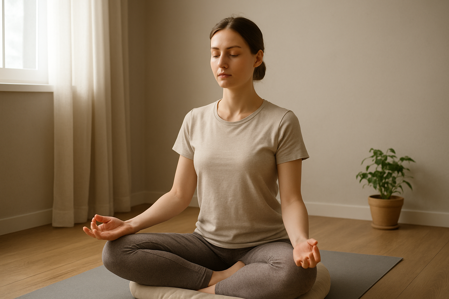 Create a realistic image of a peaceful meditation scene showing a young white female sitting cross-legged on a comfortable cushion in a quiet, minimally decorated room with soft natural lighting streaming through a window, her eyes gently closed and hands resting on her knees in a relaxed posture, surrounded by a calm atmosphere with neutral tones, a yoga mat beneath her, and subtle elements like a small potted plant and wooden flooring that create a serene beginner-friendly meditation environment. Absolutely NO text should be in the scene.