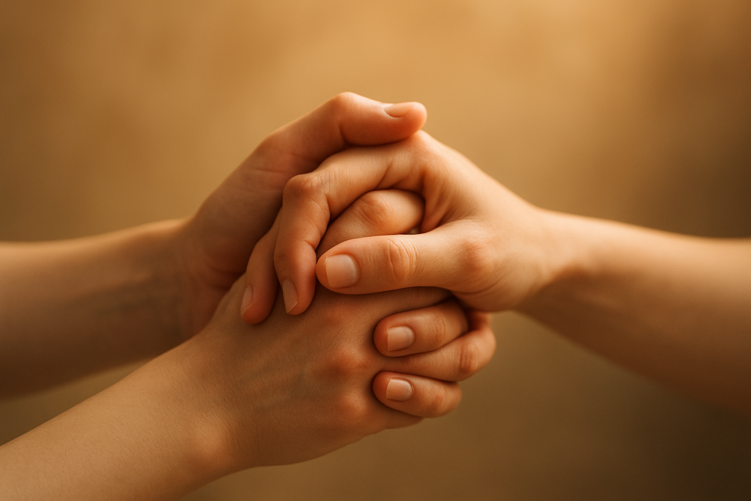 Create a realistic image of two white hands gently clasping together in a deliberate, intentional gesture against a soft, warm background with golden lighting, symbolizing conscious decision-making and commitment, with subtle elements like intertwined fingers showing purposeful connection, surrounded by a calm, serene atmosphere that conveys thoughtfulness and determination rather than spontaneous emotion, with soft shadows and peaceful ambiance that represents the mindful act of choosing love over falling into it, absolutely NO text should be in the scene.
