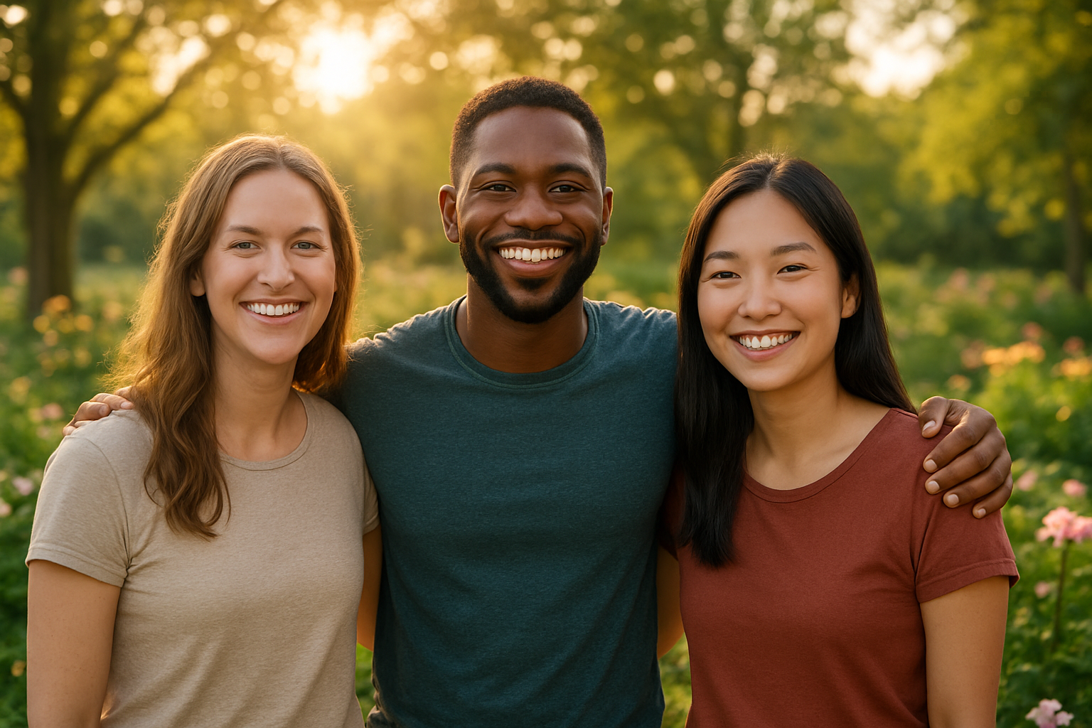 Create a realistic image of a diverse group of three people - one white female, one black male, and one Asian female - standing together outdoors in a peaceful garden setting with soft natural sunlight filtering through trees, all three individuals displaying genuine smiles and confident, relaxed body language with their arms gently around each other's shoulders, surrounded by blooming flowers and lush greenery that creates a serene and uplifting atmosphere, with warm golden hour lighting that casts a gentle glow on their faces, representing triumph, self-acceptance, and inner peace, while the background shows a beautiful landscape with soft bokeh effects. Absolutely NO text should be in the scene.