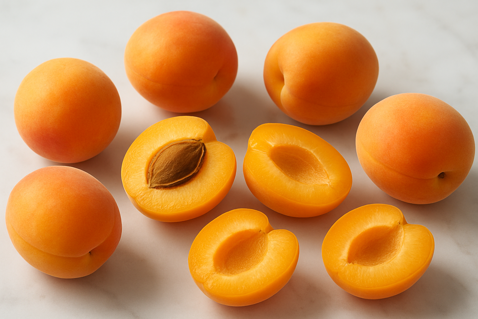 Create a realistic image of fresh whole apricots and halved apricots arranged on a white marble surface, showing their distinctive peachy-orange fuzzy skin, smooth oval shape, and the brown pit visible in the cut halves, with natural daylight illuminating the fruits to highlight their velvety texture and golden hues, captured in sharp detail to showcase identifying characteristics like the slight indentation running along one side and the gradient coloring from yellow to deep orange. Absolutely NO text should be in the scene.