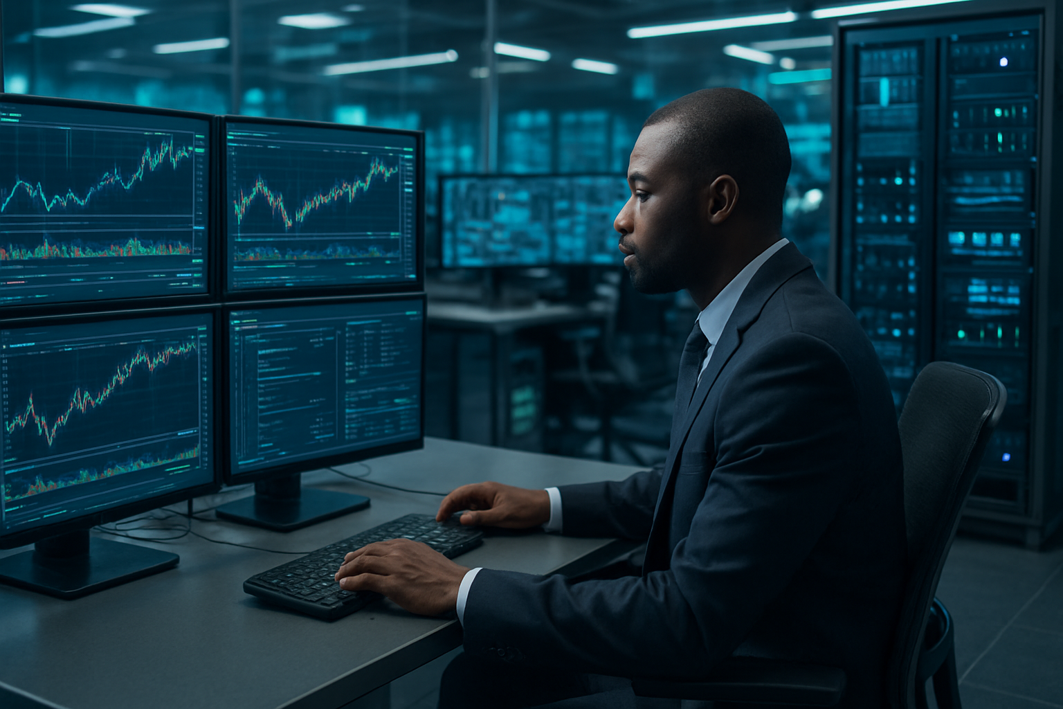 Create a realistic image of a modern financial trading floor with multiple computer monitors displaying real-time market data, charts, and algorithmic trading interfaces, featuring a black male trader in a business suit analyzing data on screens while AI-powered trading algorithms run in the background, surrounded by high-tech workstations with blue and green digital displays, sleek metallic surfaces, and ambient lighting that creates a professional atmosphere, with visible network cables and server equipment suggesting advanced technological infrastructure, absolutely NO text should be in the scene.