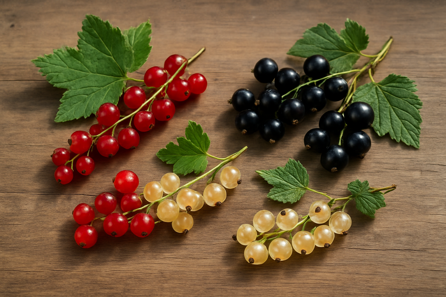 Create a realistic image of fresh currants displayed in an educational botanical style, featuring clusters of small round berries in red, black, and white varieties arranged on a rustic wooden surface, with some currant branches showing leaves and stems, natural daylight illumination creating soft shadows, clean and informative composition that highlights the different types and characteristics of currants, absolutely NO text should be in the scene.