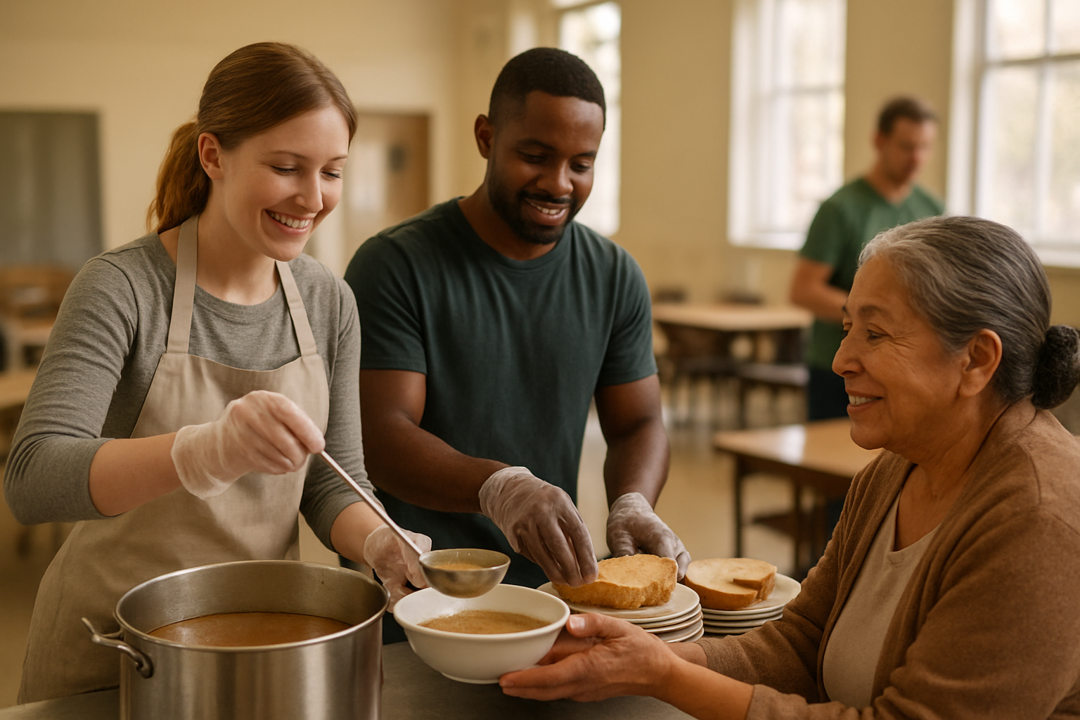 Create a realistic image of a diverse group of people serving meals at a community kitchen or food bank, with a white female volunteer in an apron ladling soup into bowls, a black male volunteer arranging fresh bread on plates, and an elderly Hispanic woman receiving food with a grateful smile, set in a warm, well-lit community center with tables and chairs in the background, capturing a spirit of compassion and service, with soft natural lighting streaming through windows creating an uplifting and caring atmosphere, absolutely NO text should be in the scene.