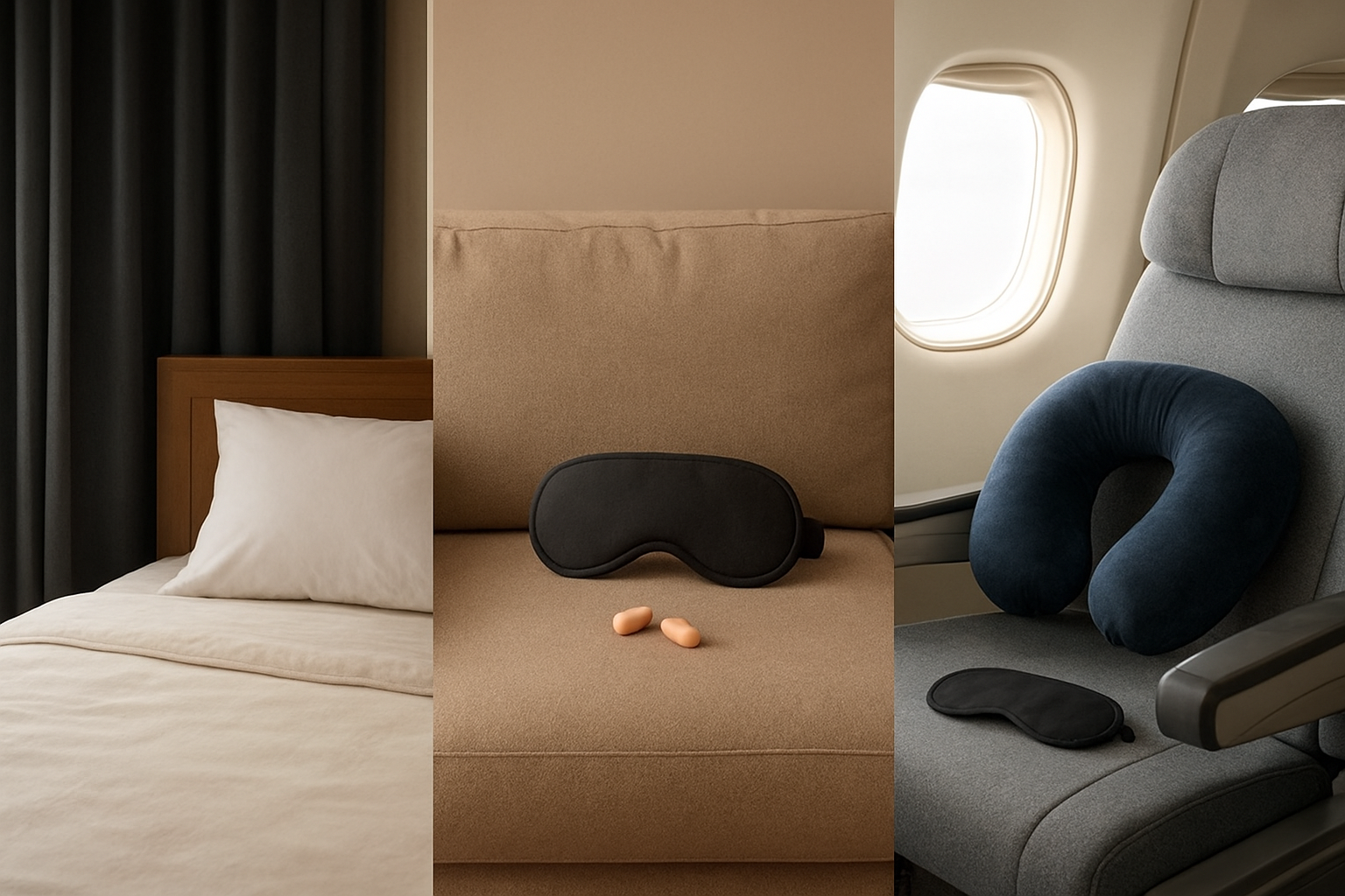 Create a realistic image of a split-screen composition showing different sleeping surfaces with practical sleep solutions, featuring a comfortable bed with blackout curtains and a proper pillow on one side, a couch with a sleep mask and earplugs nearby on another surface, and a travel setting with a neck pillow and eye mask on an airplane seat, all arranged in a clean, organized manner with soft natural lighting, warm and calming atmosphere, absolutely NO text should be in the scene.