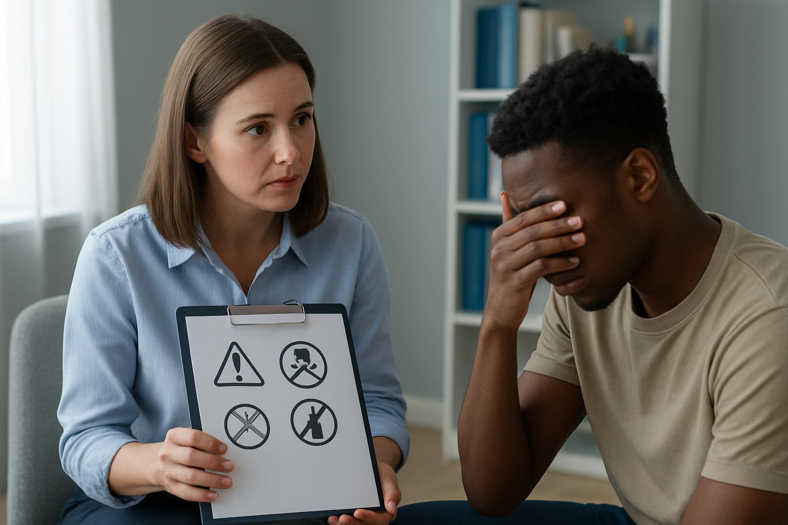 Create a realistic image of a concerned white female counselor or healthcare professional sitting across from a distressed young black male in a clinical office setting, with the professional holding a clipboard showing warning signs checklist while maintaining eye contact, soft natural lighting from a window, calming blue and neutral tones, bookshelf with medical resources in background, empathetic and supportive atmosphere suggesting a substance abuse assessment or intervention conversation, absolutely NO text should be in the scene.