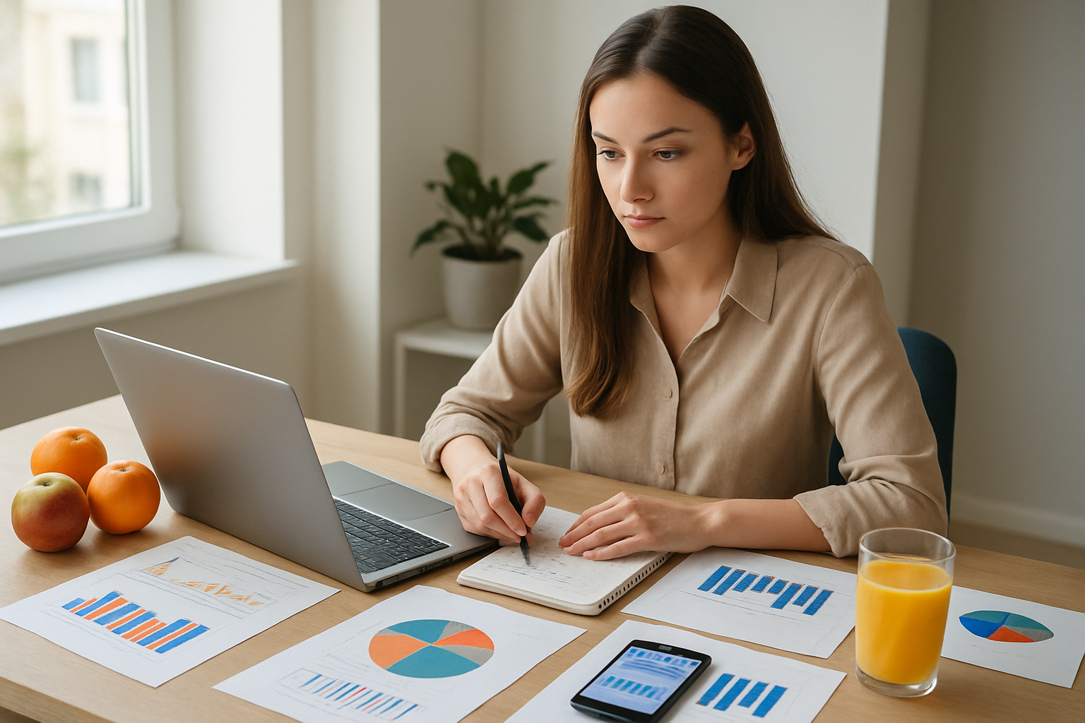 Create a realistic image of a young white female entrepreneur sitting at a modern desk with a laptop open, surrounded by market research materials including printed charts, graphs, and competitor analysis documents, with fresh fruits like oranges, apples, and berries arranged on the desk, a notepad with handwritten notes, colorful pie charts and bar graphs spread across the workspace, a smartphone displaying market data, and a glass of fresh orange juice, set in a bright contemporary office space with natural lighting from a window, conveying a focused and analytical business planning atmosphere, absolutely NO text should be in the scene.