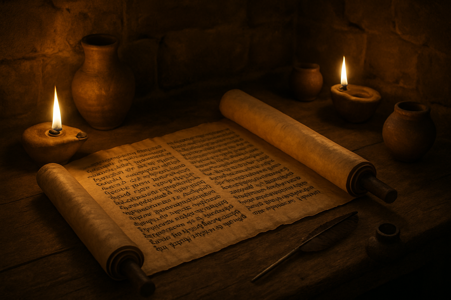 Create a realistic image of an ancient scroll partially unrolled on a wooden table displaying Hebrew text and prophetic writings, surrounded by oil lamps casting warm golden light, with clay vessels and ancient writing implements nearby, set in a dimly lit stone chamber with aged walls, creating a scholarly and reverent atmosphere that conveys the study of biblical prophecies, absolutely NO text should be in the scene.