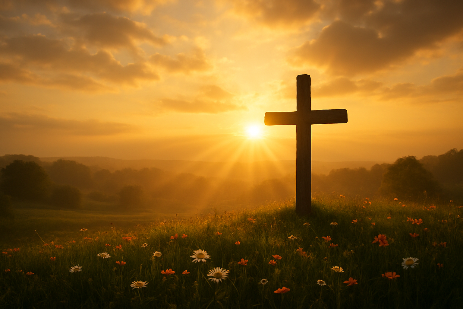 Create a realistic image of a serene sunrise scene with golden light breaking through soft clouds over a peaceful landscape, featuring a wooden cross silhouetted on a gentle hill in the foreground, surrounded by blooming flowers and fresh green grass, with rays of warm sunlight streaming down to illuminate the scene, creating a hopeful and uplifting atmosphere that conveys themes of renewal, transformation, and eternal hope, absolutely NO text should be in the scene.