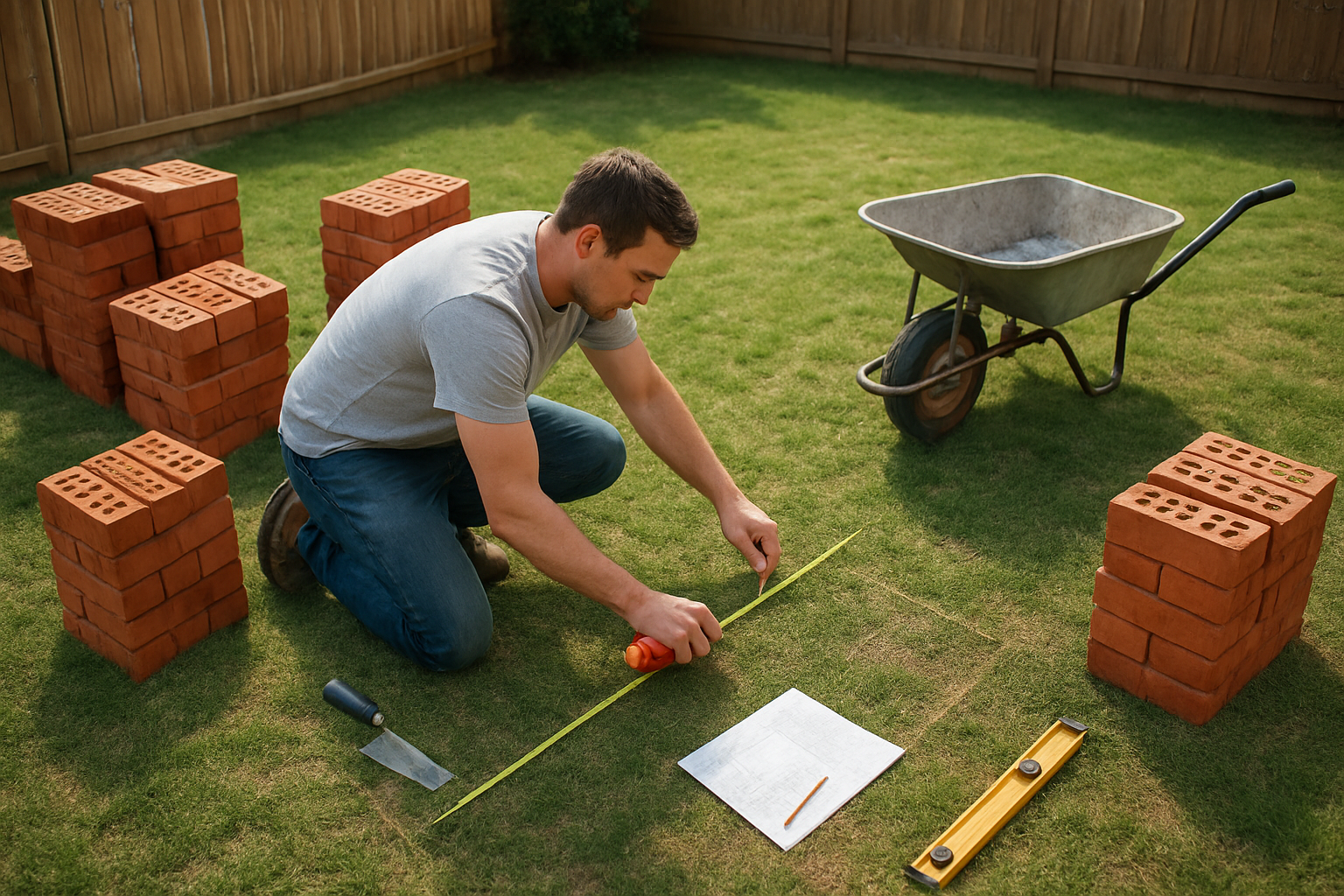 Create a realistic image of a top-down view of a blank backyard area with a white male homeowner in casual clothes kneeling on grass, measuring and marking the ground with measuring tape and spray paint, with graph paper sketches and a pencil lying nearby on the ground, surrounded by stacks of red clay bricks arranged in neat piles, a wheelbarrow, and basic landscaping tools like a level and string line, set in a residential backyard with a wooden fence and green lawn under natural daylight, absolutely NO text should be in the scene.