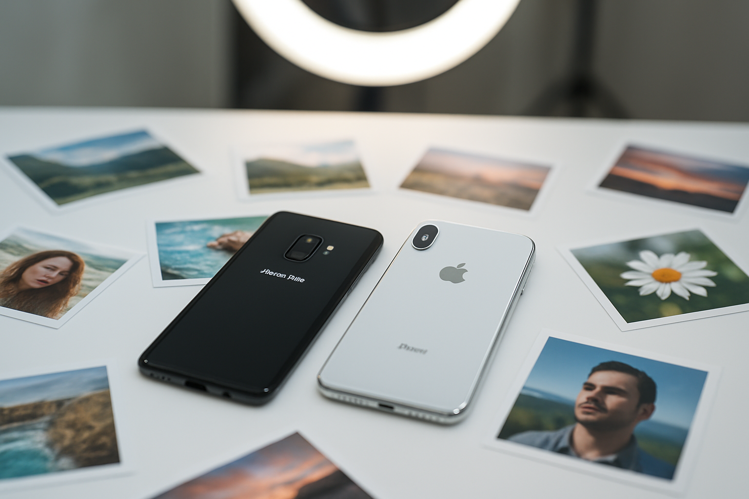 Create a realistic image of a clean white desk surface with a Samsung Galaxy S9 and iPhone X positioned side by side, surrounded by various printed photographs scattered around them showing different scenes like landscapes, portraits, and close-up shots, with a soft natural lighting setup featuring a ring light and diffused studio lighting in the background, creating a professional photography testing environment with shallow depth of field focusing on the phones and sample photos, absolutely NO text should be in the scene.