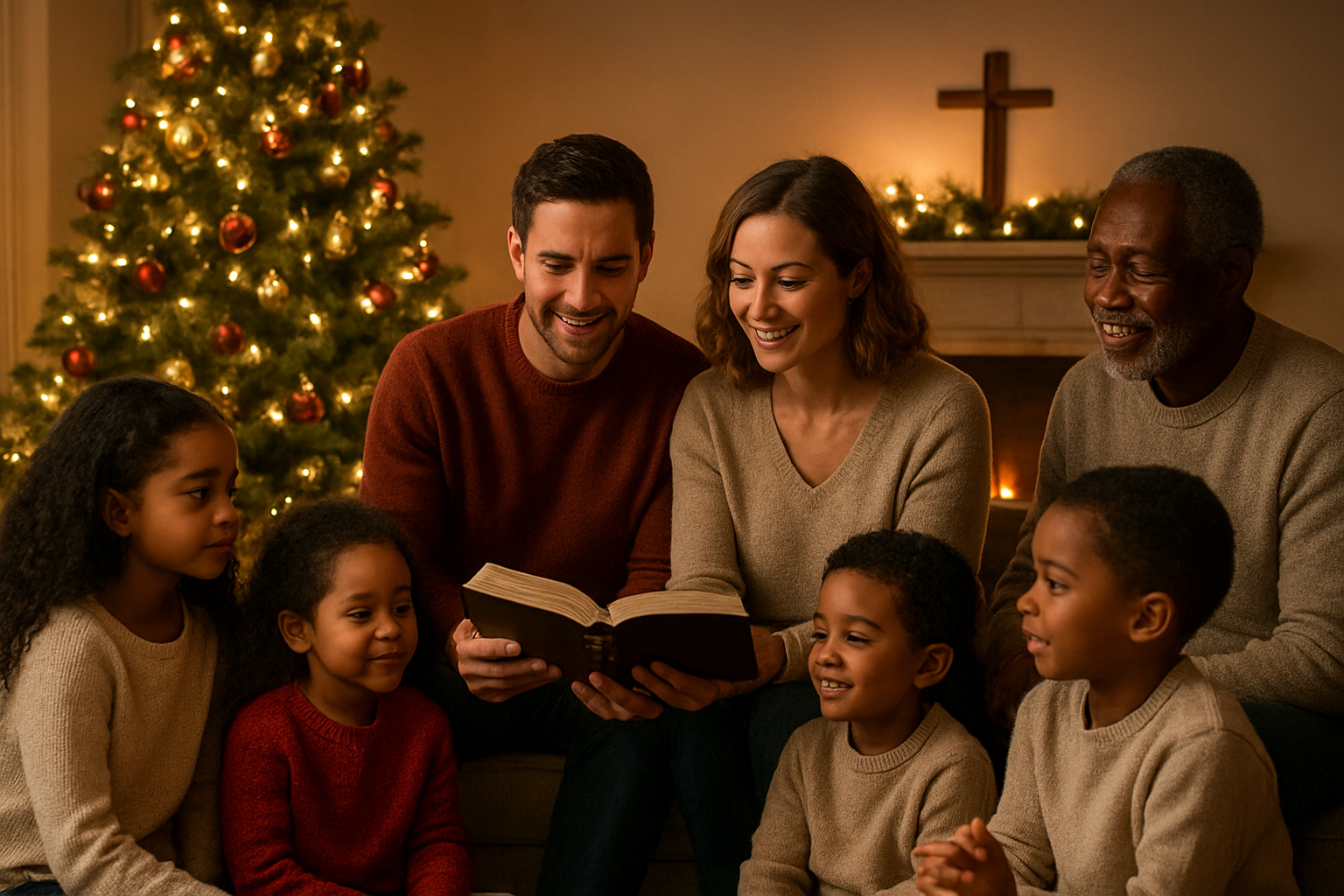 Create a realistic image of a diverse multi-generational family including white and black adults and children gathered around a beautifully decorated Christmas tree in a warm, cozy living room, with parents reading from a Bible while children listen attentively, soft golden lighting from the fireplace and Christmas lights creating a peaceful atmosphere, wrapped presents nearby, a wooden cross visible on the mantelpiece, and everyone appearing joyful and connected in this intimate family worship moment, absolutely NO text should be in the scene.