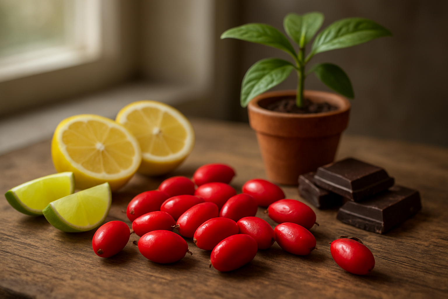 Create a realistic image of fresh miracle fruit berries (small red oval-shaped fruits) arranged on a rustic wooden table alongside various colorful foods like lemon slices, lime wedges, and dark chocolate pieces, with a young miracle fruit plant with green leaves visible in a terracotta pot in the background, soft natural lighting streaming through a window creating gentle shadows, conveying a sense of discovery and natural wonder about this remarkable fruit's taste-transforming properties, absolutely NO text should be in the scene.