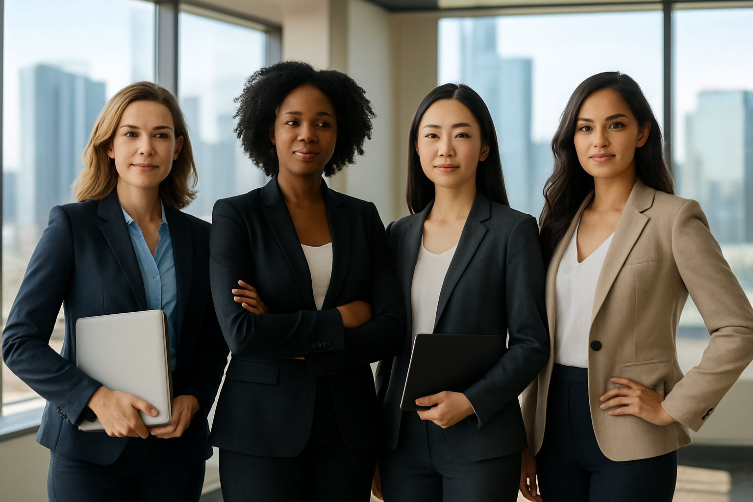 Create a realistic image of a diverse group of professional women of different races (white, black, Asian, Hispanic) in modern business attire standing confidently in a contemporary office setting with glass windows and city skyline in the background, some holding laptops and tablets, representing workplace equality and women's advancement in leadership roles, with natural daylight streaming through windows creating an empowering and progressive atmosphere, absolutely NO text should be in the scene.