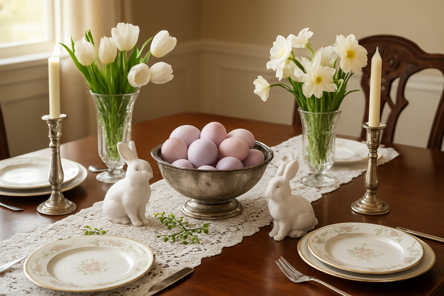 Create a realistic image of an elegant Easter tablescape featuring traditional pastel-colored decorations including soft pink and lavender Easter eggs in a vintage silver bowl, white ceramic bunny figurines, fresh white tulips and daffodils in crystal vases, delicate lace table runner on a mahogany dining table, fine china plates with floral patterns, silver candlesticks with cream-colored candles, and subtle spring greenery accents, set in a classic dining room with warm natural lighting from a nearby window, creating a sophisticated and timeless Easter atmosphere, absolutely NO text should be in the scene.