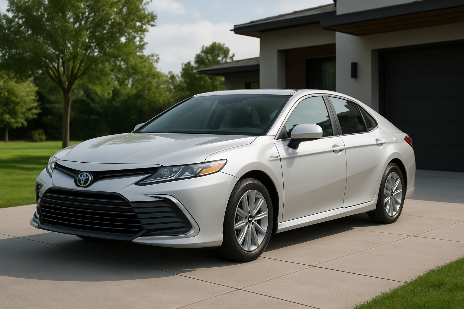 Create a realistic image of a 2025 Toyota Camry Hybrid in a sleek silver or white color parked on a modern driveway in front of a contemporary suburban home, with the car positioned at a three-quarter front angle to showcase both the aerodynamic front design and side profile, featuring visible LED headlights and the distinctive hybrid badging, with soft natural lighting from a partly cloudy day creating gentle shadows, a well-maintained landscape with green grass and some trees in the background, and a clean, premium automotive photography style that emphasizes the vehicle's modern design and eco-friendly appeal, absolutely NO text should be in the scene.
