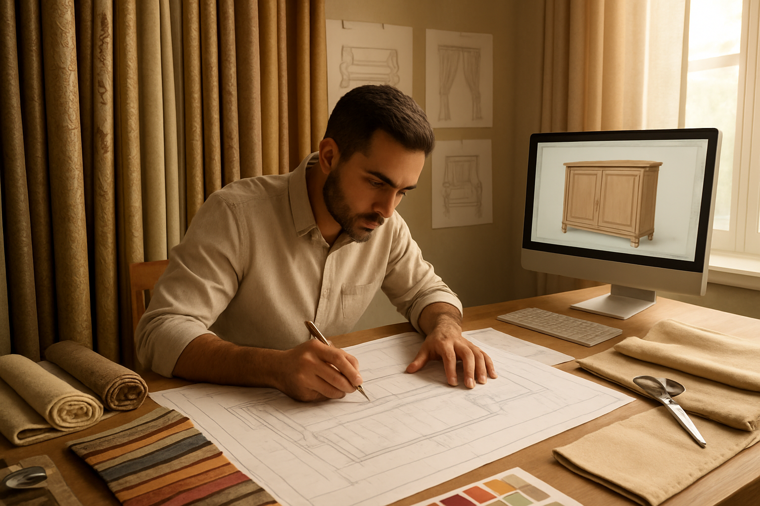 Create a realistic image of an interior designer's workspace showing the meticulous design and planning process for custom furniture and curtains, featuring a middle-eastern male designer working at a drafting table with detailed blueprints, fabric samples, and color swatches spread across the surface, surrounded by rolls of luxurious curtain fabrics, furniture sketches pinned to the wall, measuring tools, and a computer displaying 3D furniture models, with warm natural lighting streaming through a window, creating an atmosphere of creativity and precision craftsmanship, absolutely NO text should be in the scene.