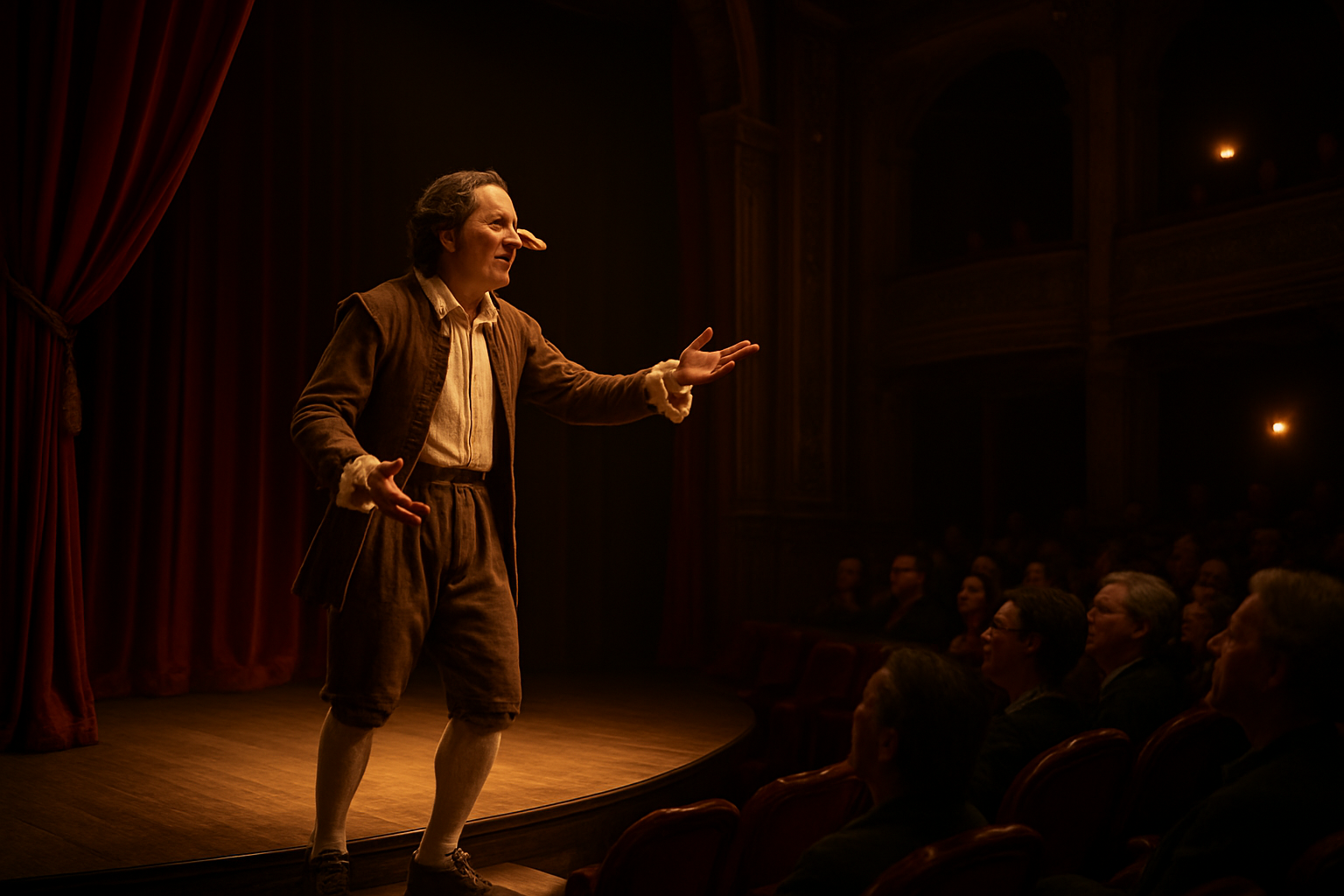 Create a realistic image of a dramatic theater stage with warm golden spotlight illuminating a white male actor in 17th century French costume with a prominent prosthetic nose, gesturing expressively toward an engaged audience sitting in ornate theater seats, with rich red velvet curtains framing the proscenium arch, classical theater architecture visible in the background, and soft ambient lighting creating an intimate theatrical atmosphere that captures the essence of live performance and audience connection, absolutely NO text should be in the scene.