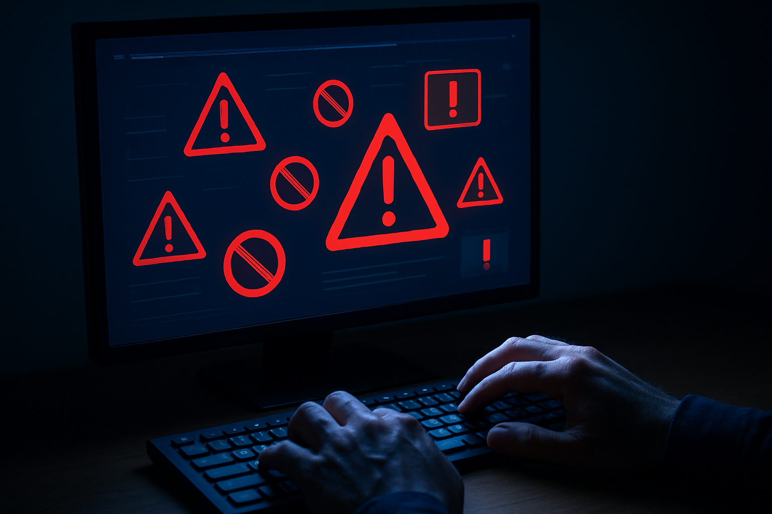 Create a realistic image of a computer screen displaying warning symbols and alert icons including red triangular warning signs, prohibition symbols, and danger alerts scattered across a dark website interface, with a person's hands hovering over a keyboard in hesitation, the scene lit by the blue glow of the monitor in a dimly lit room creating a cautious and alert mood, absolutely NO text should be in the scene.