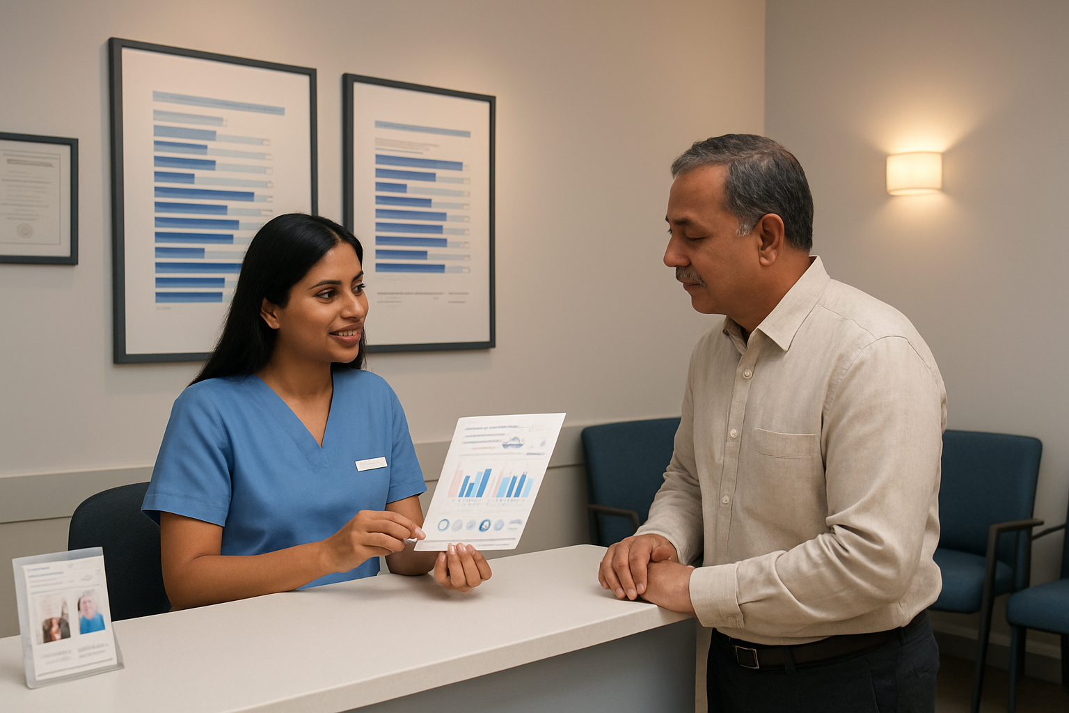 Create a realistic image of a modern medical clinic reception desk with a South Asian female receptionist showing treatment cost charts and brochures to a middle-aged Indian male patient, featuring elegant pricing display boards on the wall, comfortable seating area with informational pamphlets about hair treatments, warm professional lighting, clean white and blue interior design, medical certificates on walls, and a welcoming atmosphere that conveys affordable healthcare options, absolutely NO text should be in the scene.