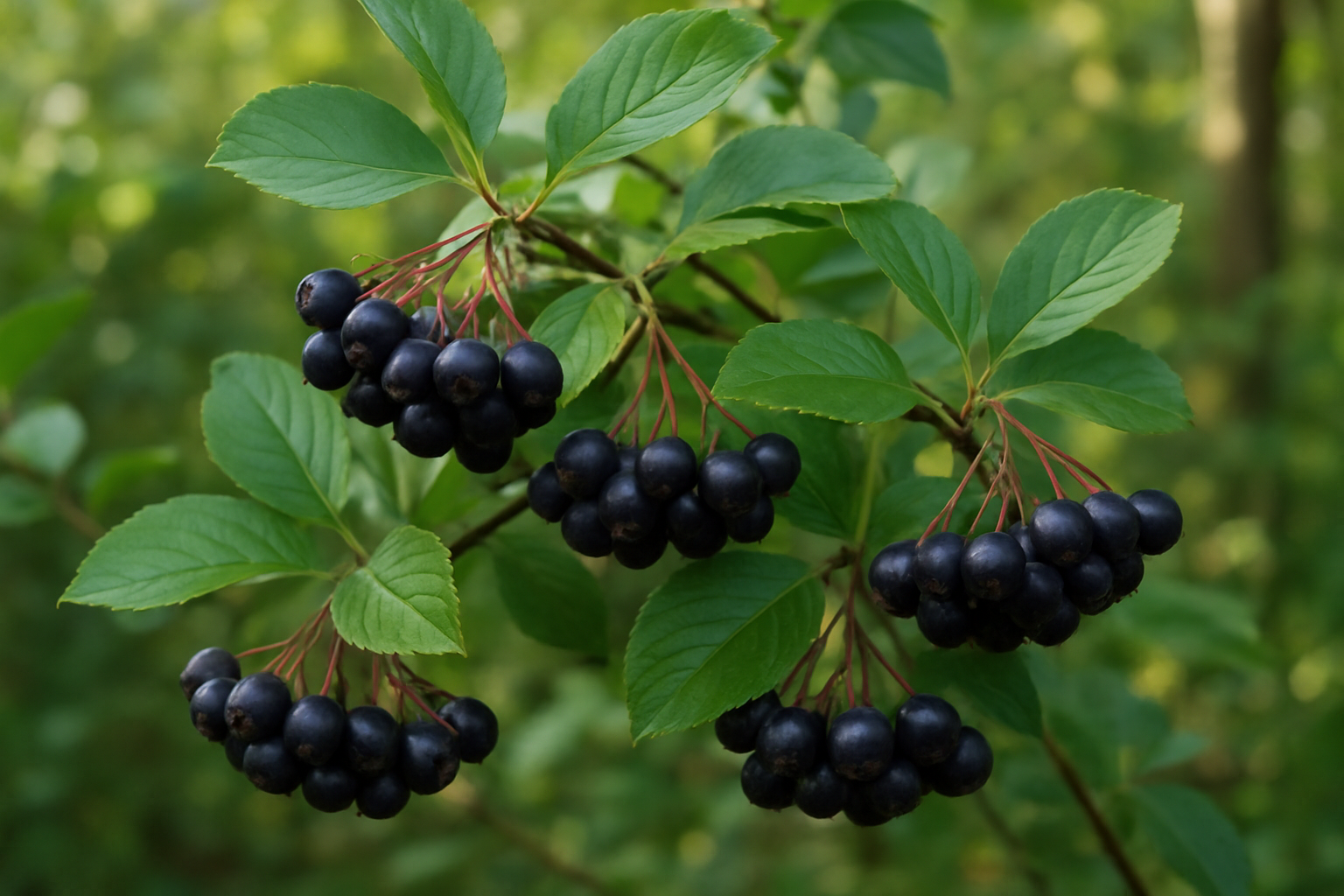 Create a realistic image of purple chokeberry shrubs growing in their natural habitat, showing clusters of dark purple-black berries hanging from branches with serrated green leaves, set in a woodland edge or garden setting with dappled sunlight filtering through, displaying the distinctive characteristics needed for identification including the berry clusters, leaf shape, and overall plant structure, with a shallow depth of field focusing on the berries and foliage in the foreground while softly blurring the background vegetation, captured in natural outdoor lighting that highlights the deep purple color of the ripe berries and the texture of the leaves, absolutely NO text should be in the scene.